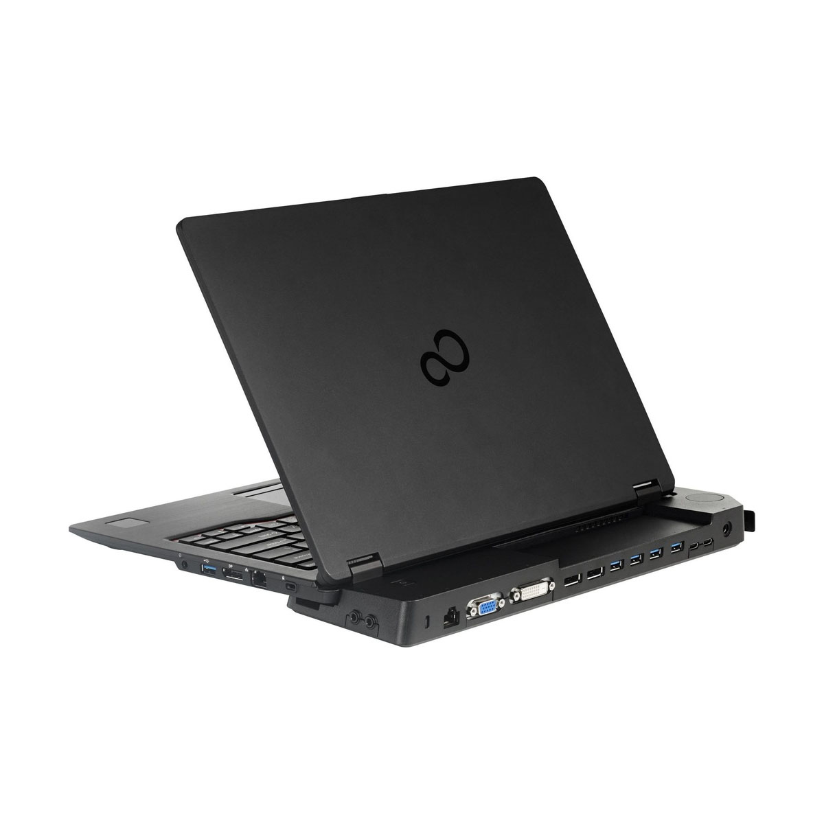 Un laptop nero è aperto, mostrando la tastiera. Lo schermo è inclinato all'indietro. Le porte sono visibili sul lato, tra cui USB e video.