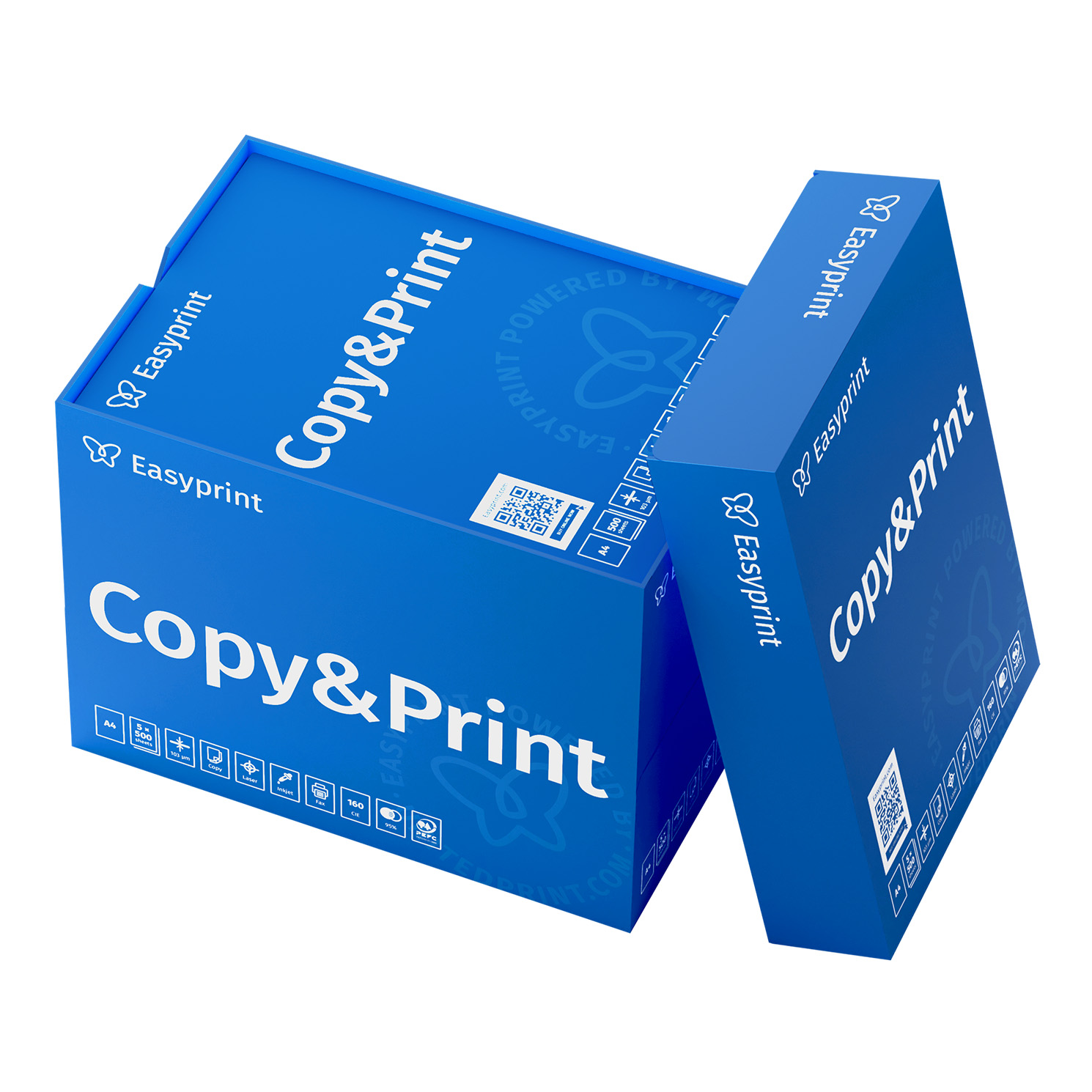 Zwei blaue Kartons mit Copy & Print-Papier werden gezeigt. Die Kartons haben das Easyprint-Logo und verschiedene Symbole.