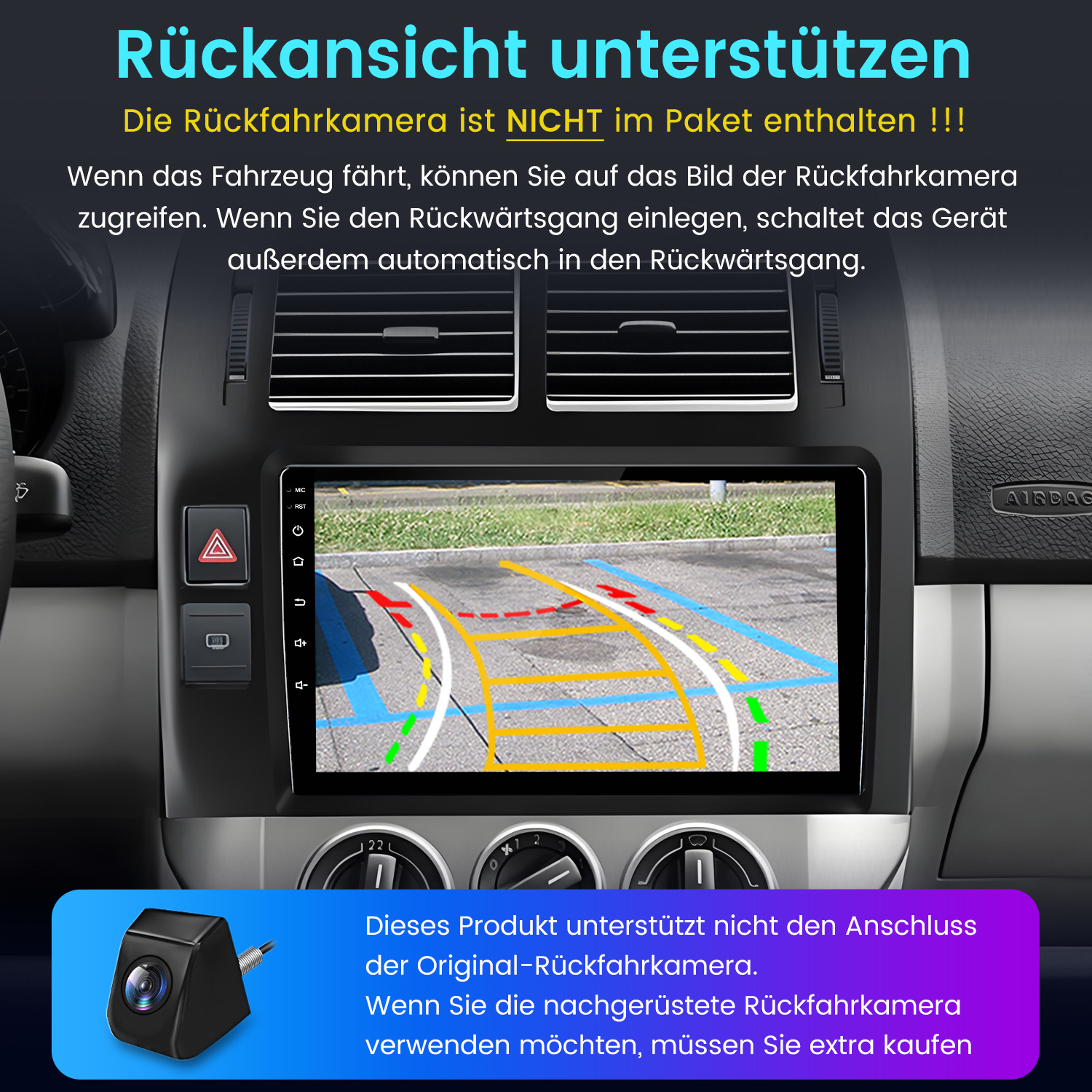 Auto-Armaturenbrett mit Display, das eine Rückfahrkameraansicht zeigt. Text auf Deutsch, mit einem kleinen Kamerabild unten.