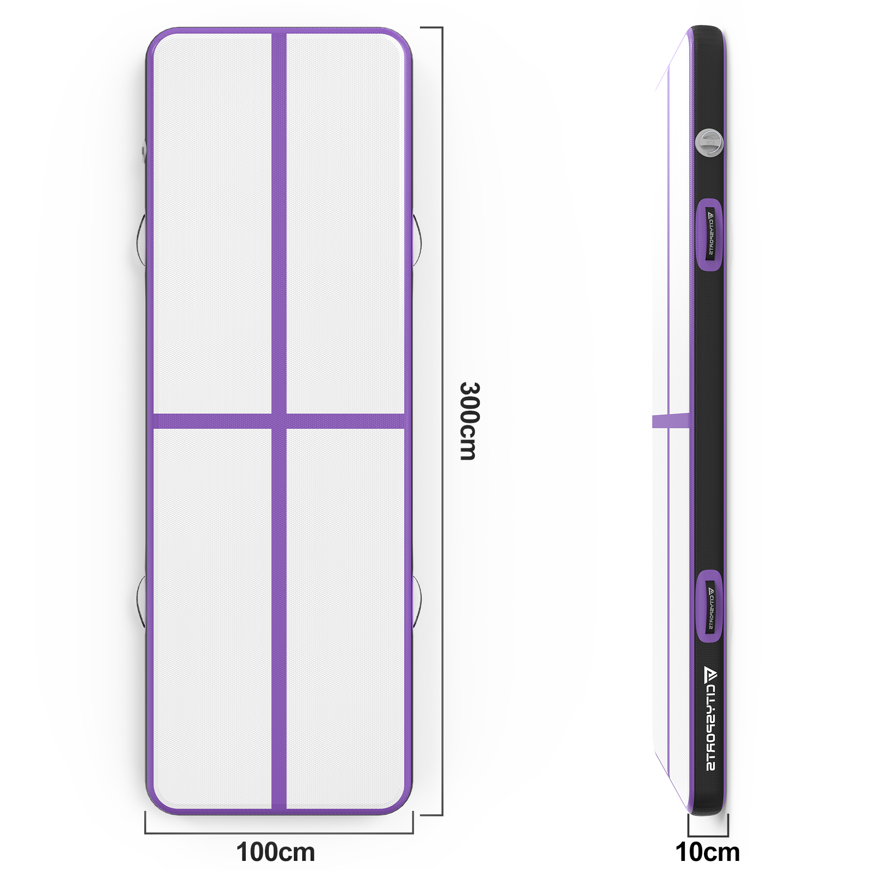 White and purple rectangular air track mat. Dimensions are 300cm x 100cm x 10cm. Features handles and brand logo.