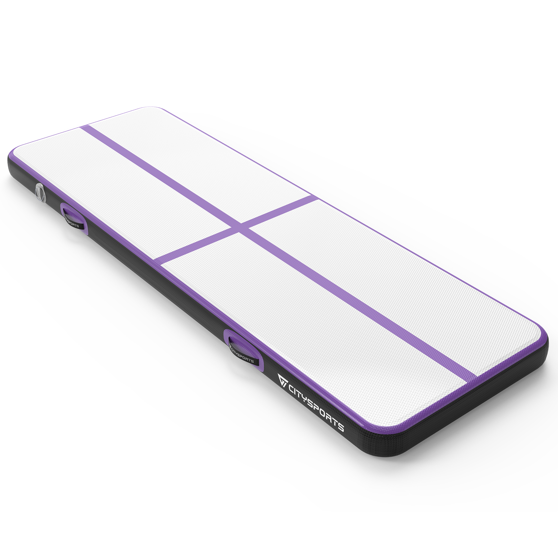 An inflatable rectangular mat. It is white with purple lines and black edges. The brand 'CITYSPORTS' is visible.