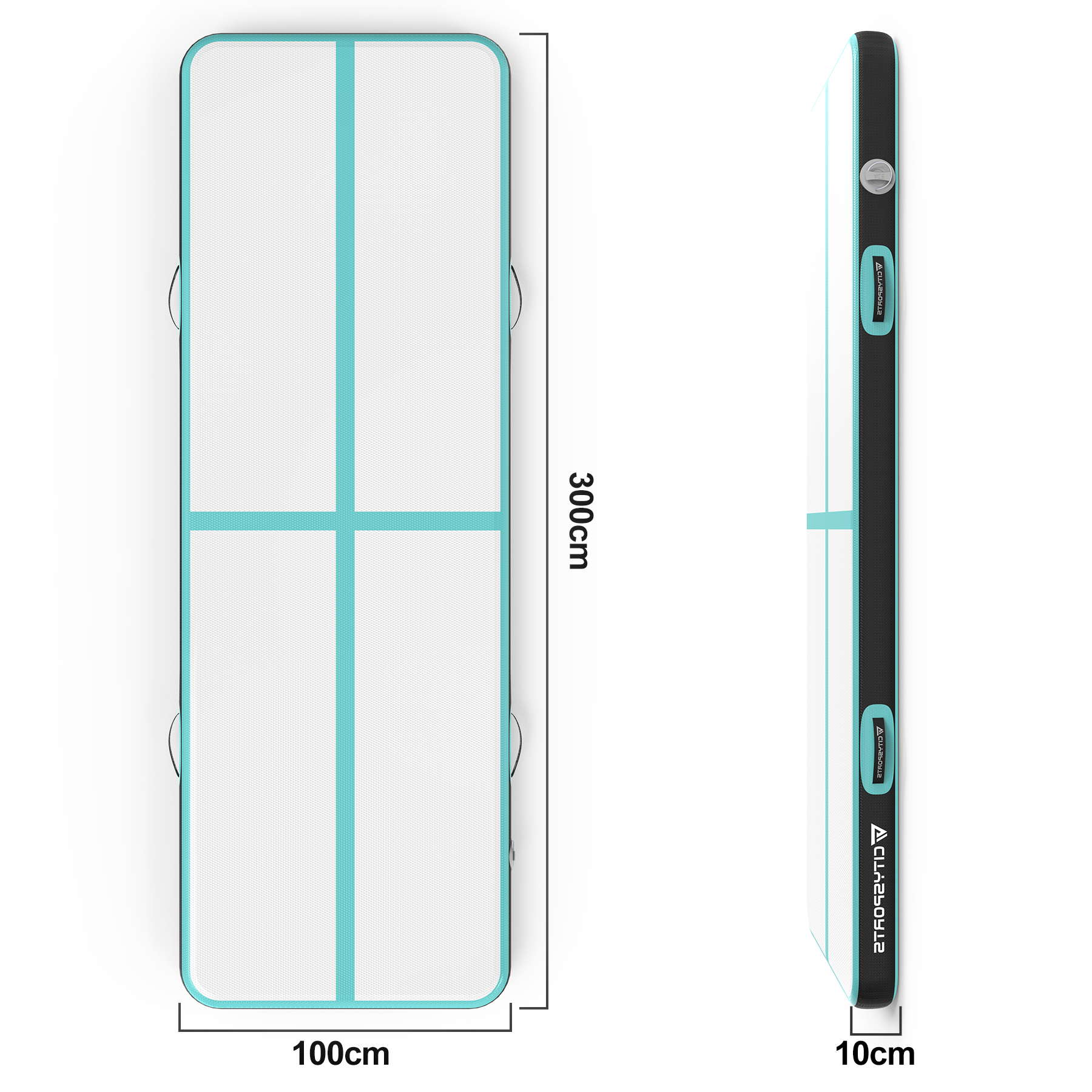Mata powietrzna z białą powierzchnią, niebieskimi liniami krzyżowymi, czarnymi krawędziami, etykietami wymiarowymi i widokiem z boku z pompką.