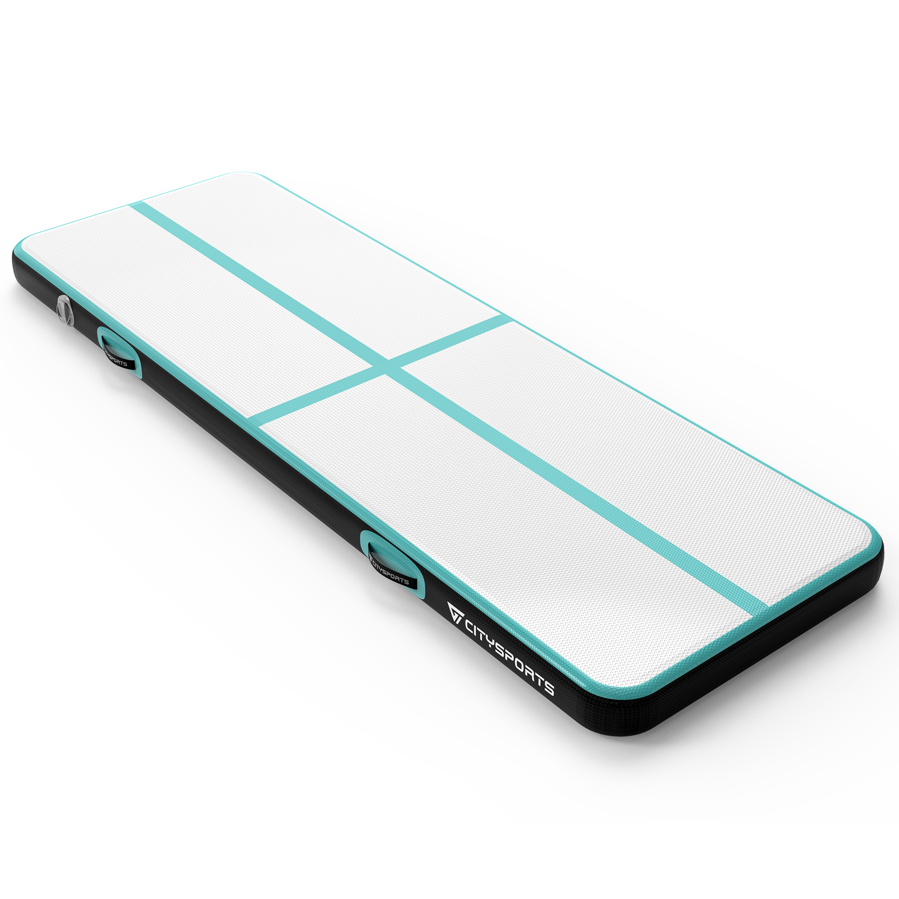 Nadmuchiwana mata gimnastyczna z białą powierzchnią, turkusowymi liniami i czarnymi krawędziami. Widoczne logo Citysports.