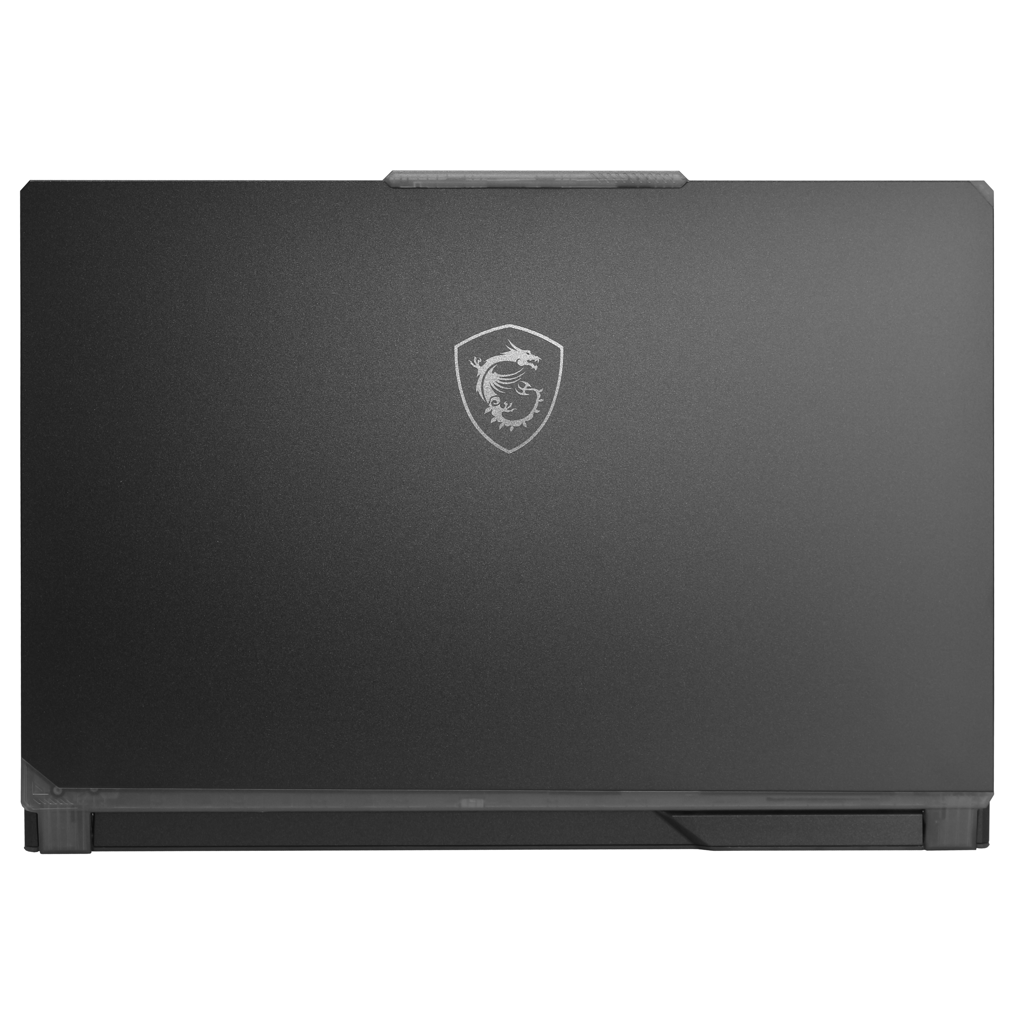 Widok z góry na zamknięty czarny laptop ze srebrnym logo smoka pośrodku.