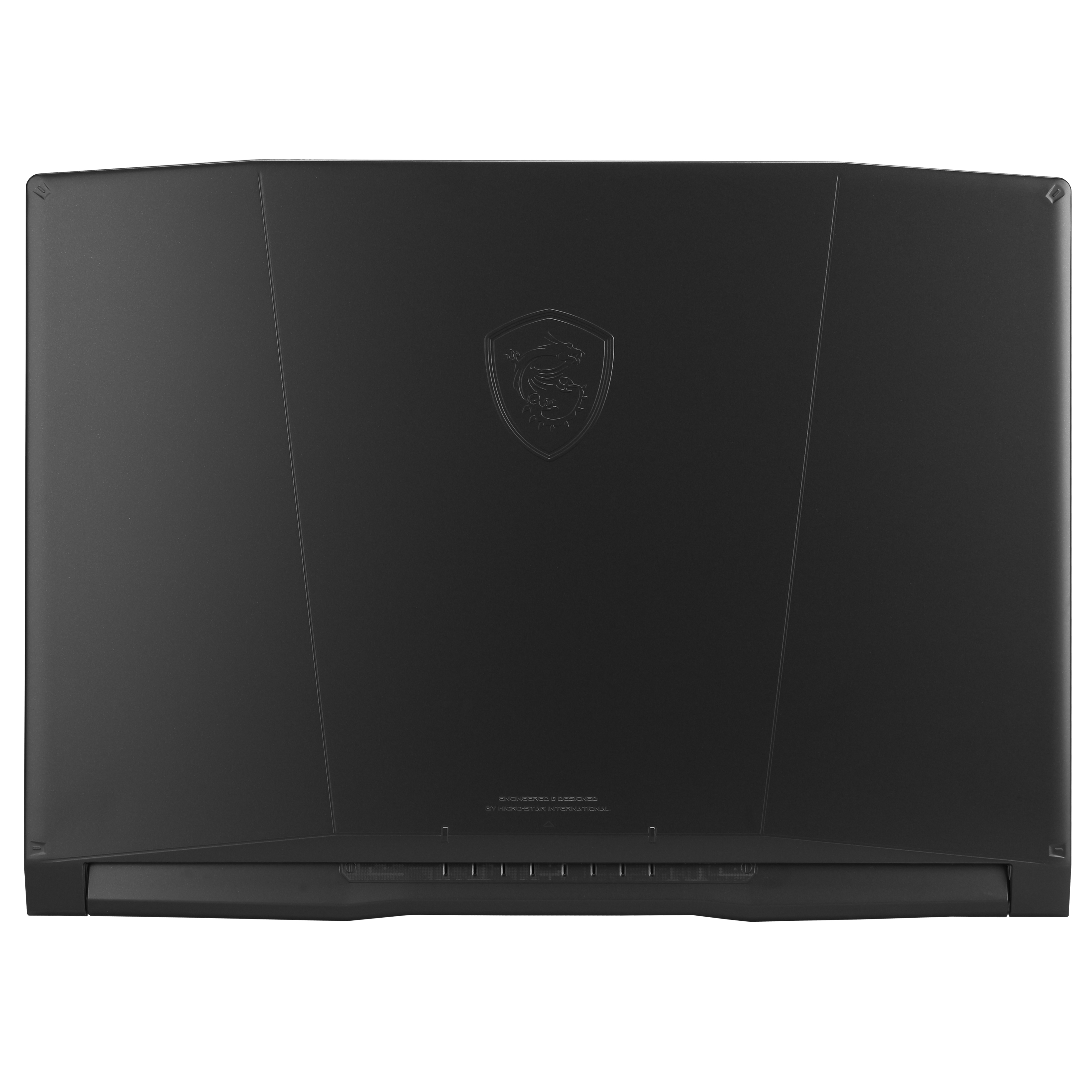 Czarna pokrywa laptopa z logo MSI. Dolna krawędź ma otwory wentylacyjne. Białe tło.