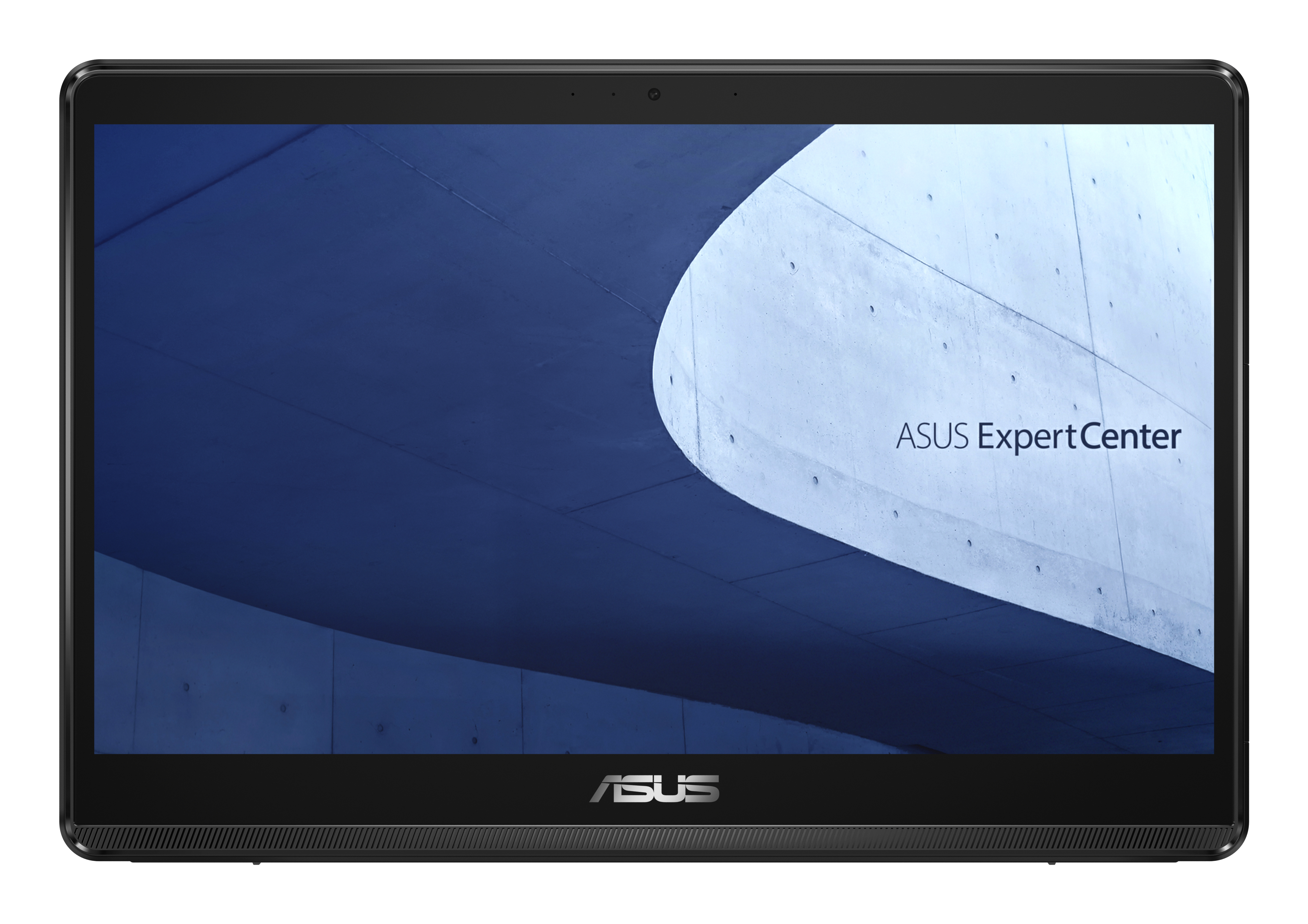 Een ASUS ExpertCenter tablet. Het scherm toont een blauw en wit architectonisch ontwerp. Het ASUS-logo staat onderaan.