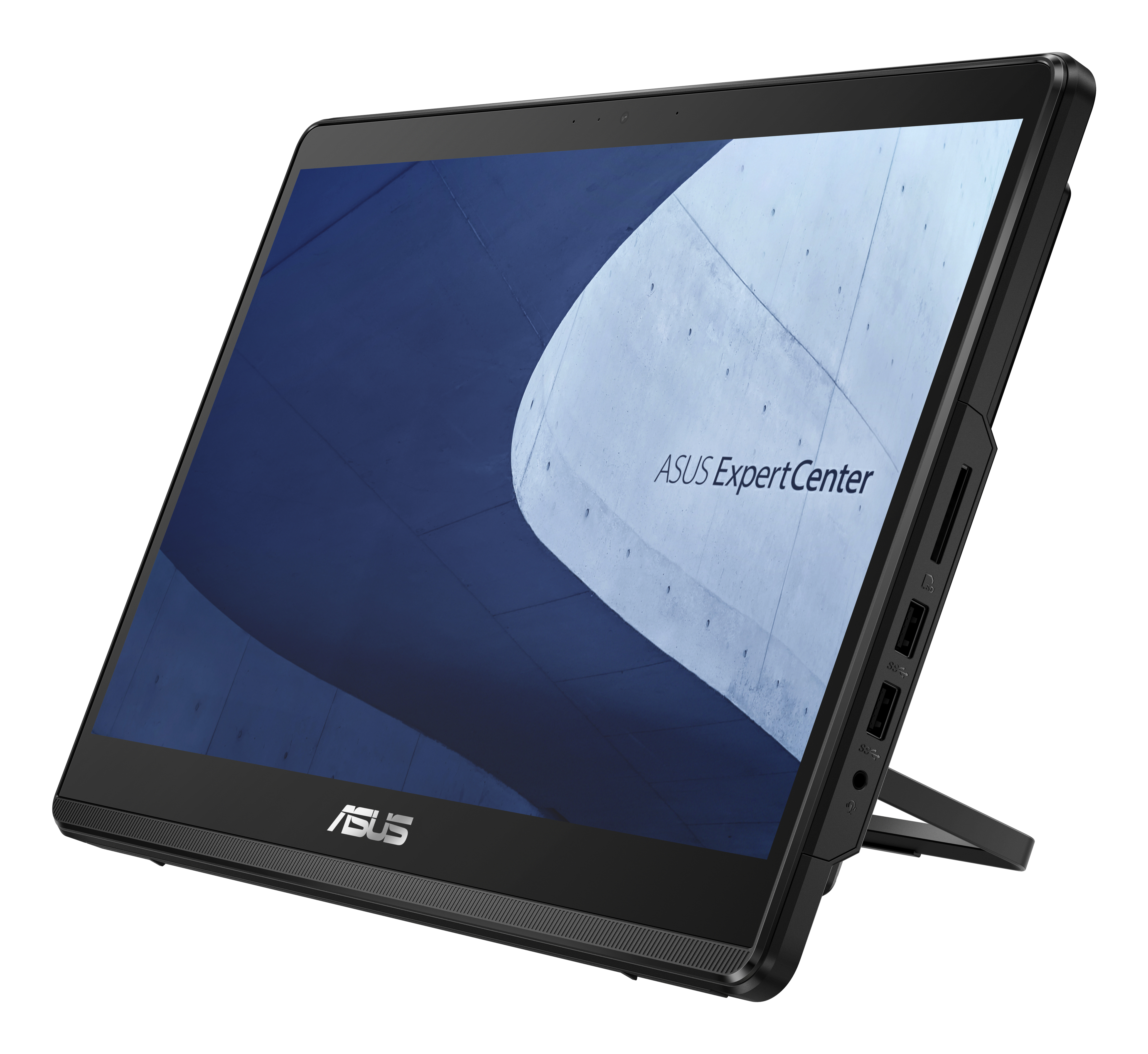 Zwarte ASUS ExpertCenter all-in-one computer met een scherm met een abstracte afbeelding, op een witte achtergrond.