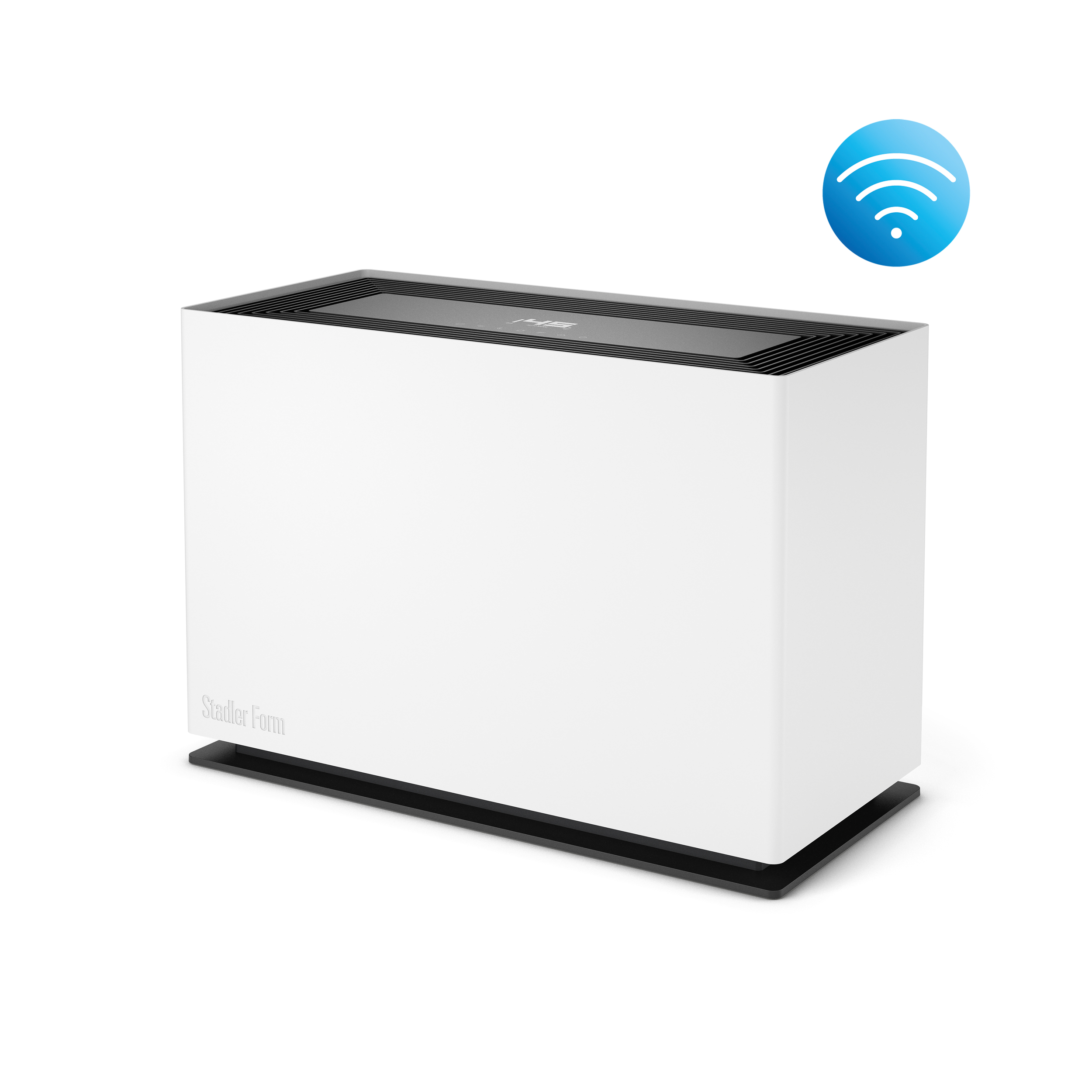 Ein weißer Luftreiniger von Stadler Form mit schwarzer Ober- und Unterseite. Ein WLAN-Symbol oben rechts.