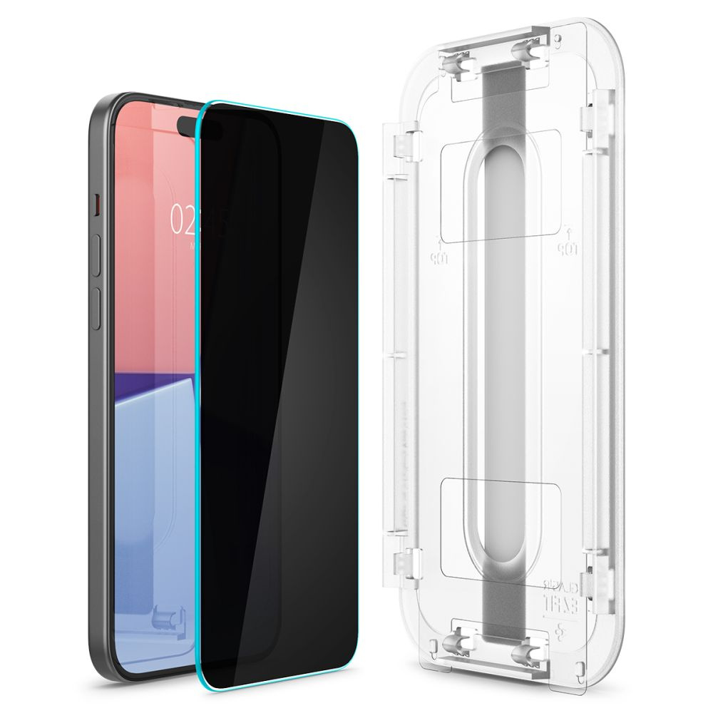 Un smartphone avec un protecteur d'écran et un outil d'installation. Le protecteur est noir, le téléphone gris, l'outil transparent.