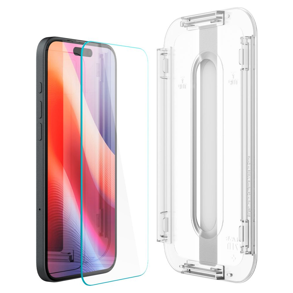 Een smartphone met een schermbeschermer en een transparante applicator. Het telefoonscherm toont een rood-witte gradiënt.