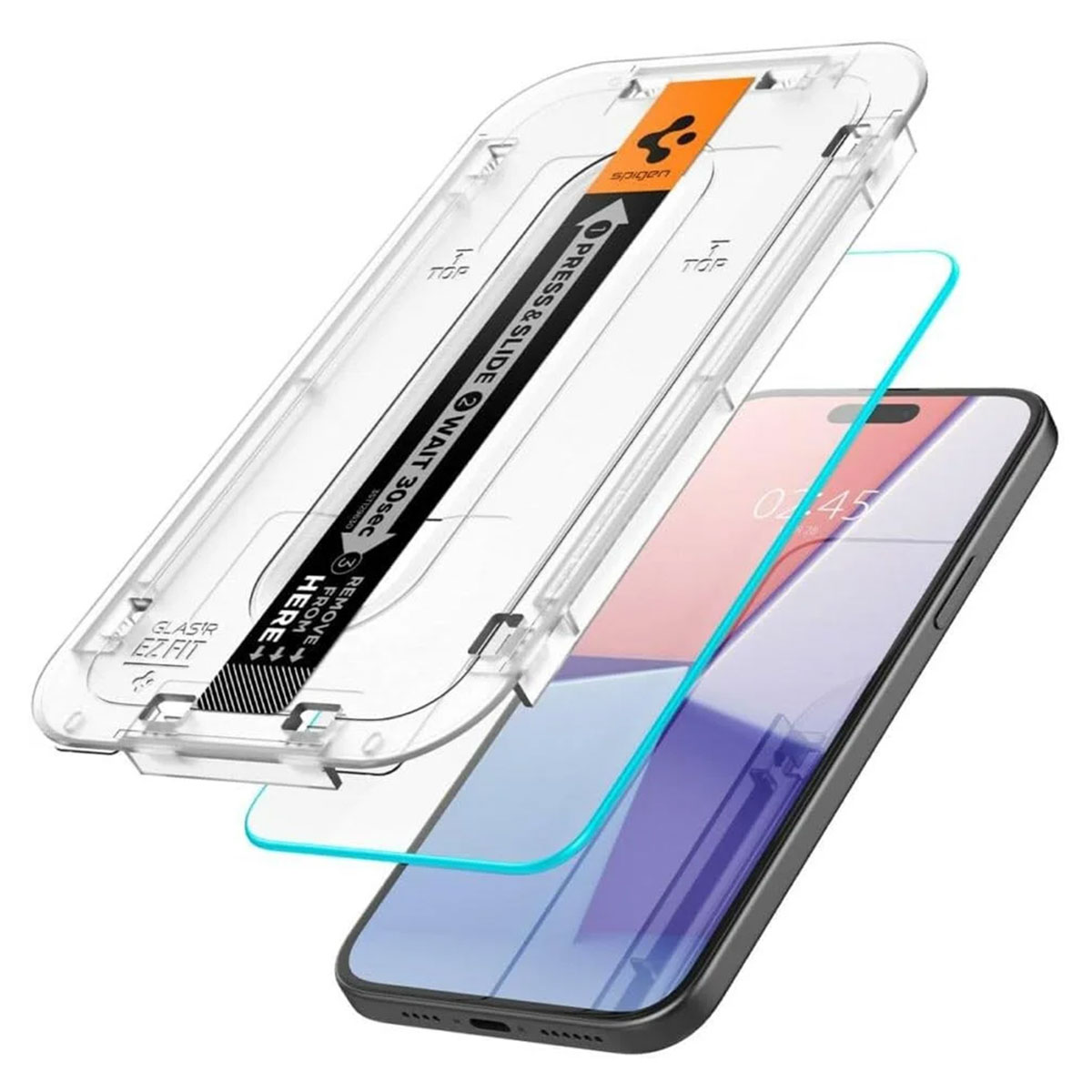 Een telefoon met een schermbeschermer die wordt aangebracht. De beschermer zit in een transparant uitlijningsframe. Instructies staan erop.