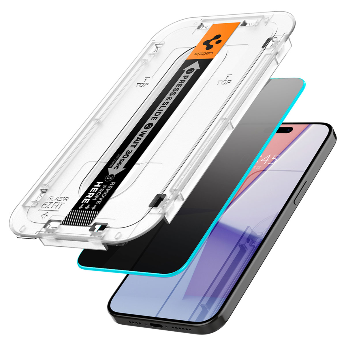 Un téléphone avec un kit de protection d'écran. Le kit comprend un cadre transparent, un protecteur d'écran et le téléphone. Instructions visibles.