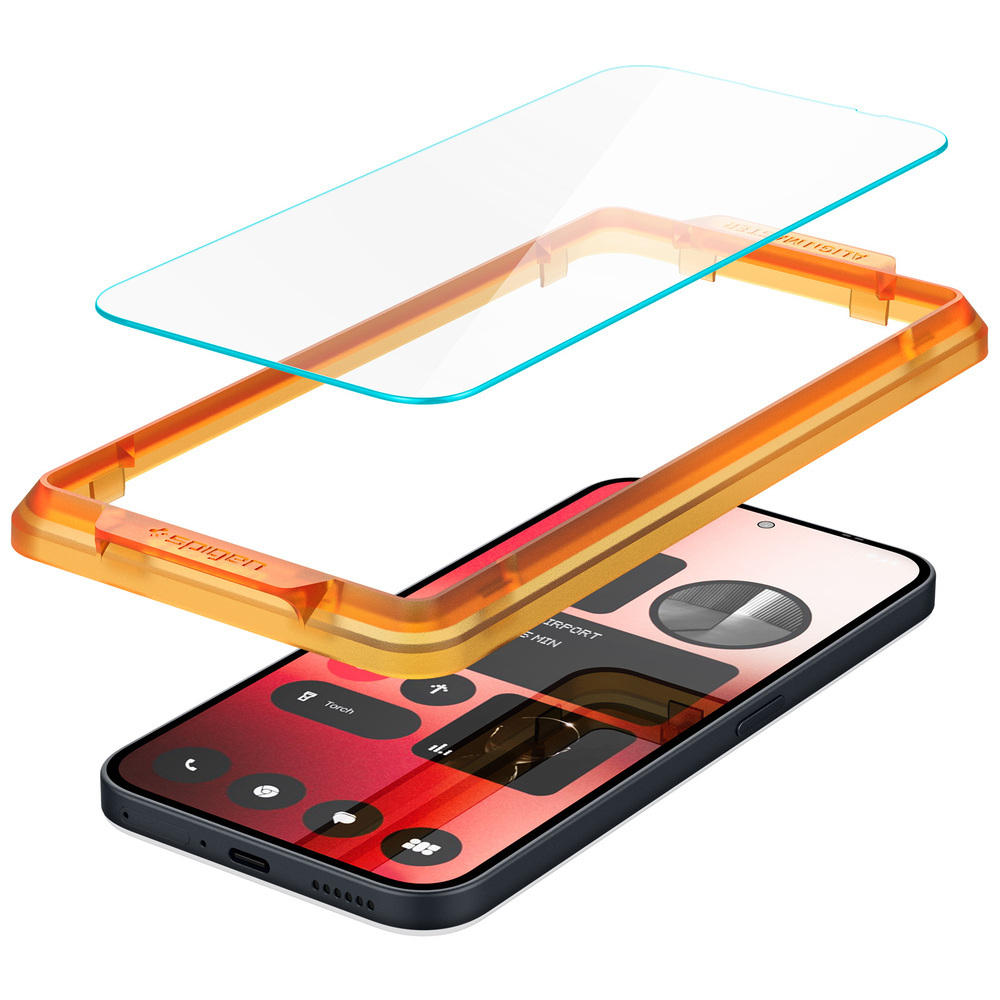 Vista esplosa di un telefono con protezione schermo, cornice e telefono stesso. Lo schermo del telefono è rosso e la cornice arancione.
