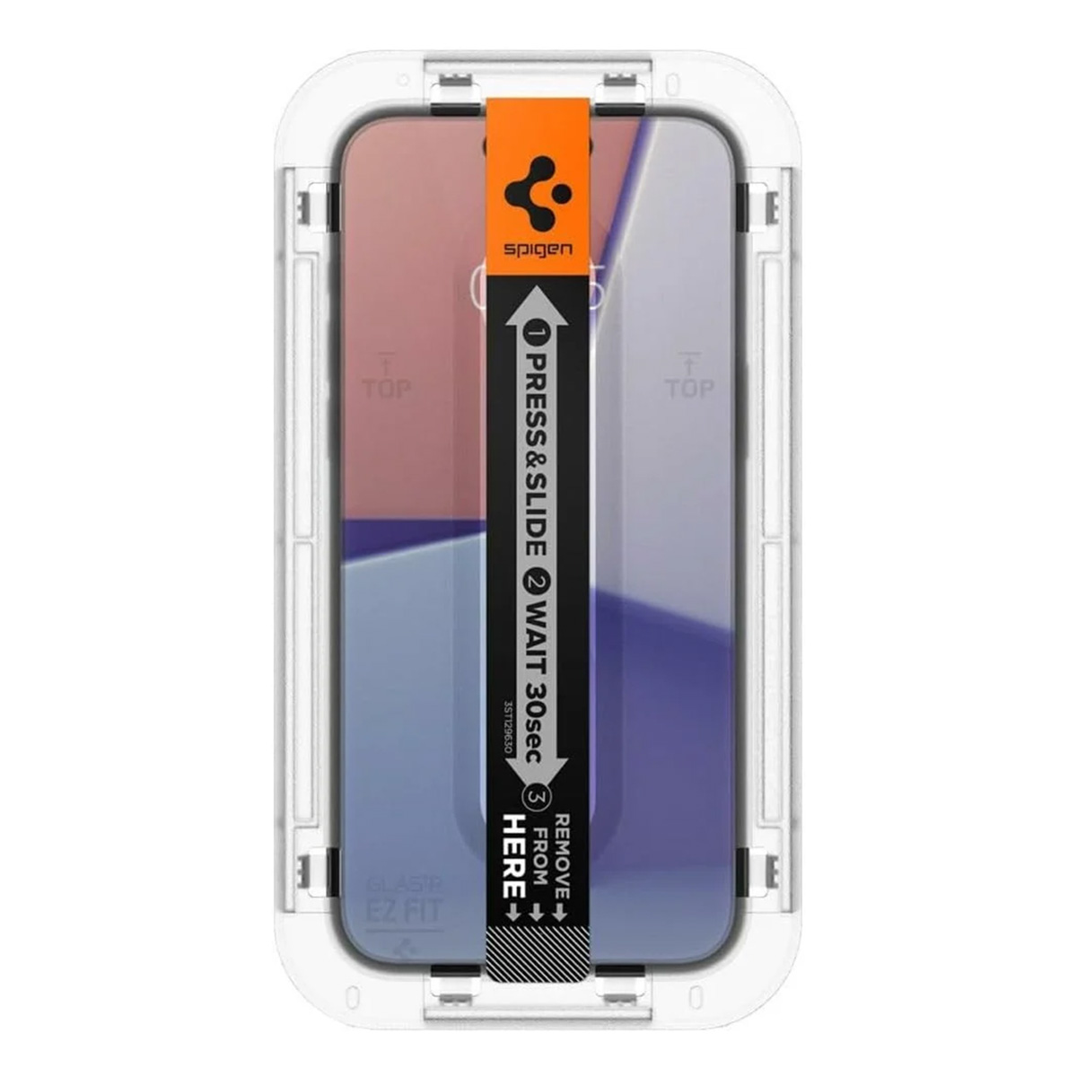 Een schermbeschermingskit voor de telefoon. Het bevat een telefoon, een wit frame en een oranje en zwarte strip met instructies.
