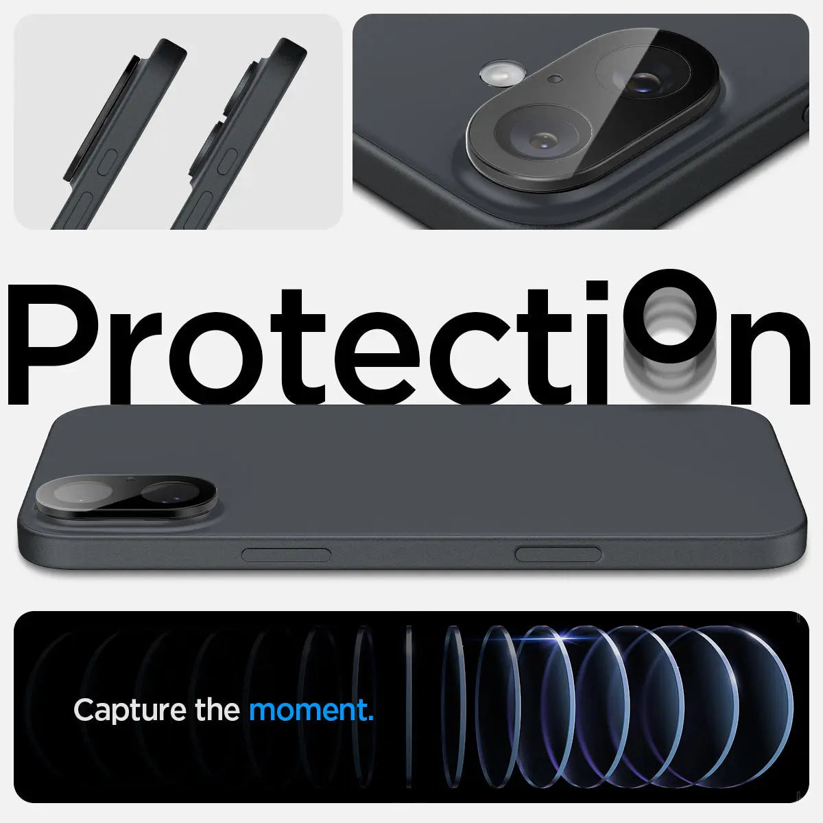 Obraz przedstawia czarne etui na telefon z obiektywem aparatu. Tekst brzmi 'Protection' i 'Capture the moment'. Widoczne elementy obiektywu.