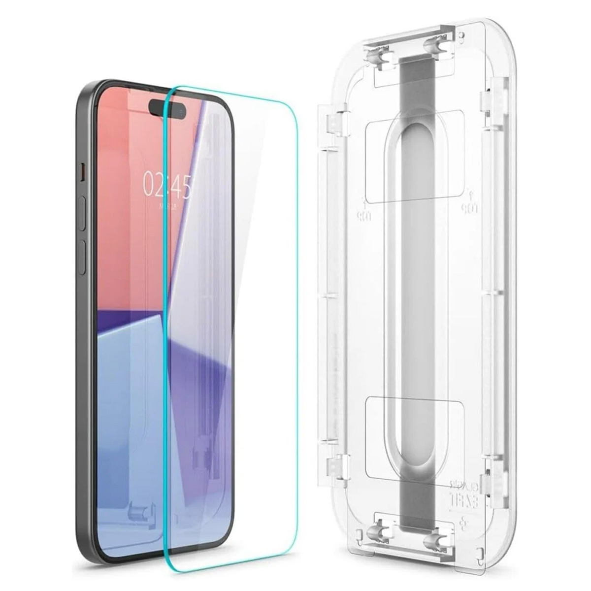 Een telefoon met een schermbeschermer en een transparante uitlijnhulp. De telefoon toont de tijd. De beschermer heeft een blauwe rand.