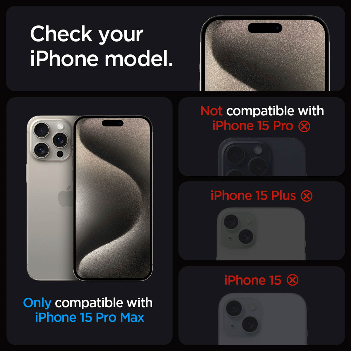 L'image montre la compatibilité de l'iPhone. Elle indique que seul l'iPhone 15 Pro Max est compatible. D'autres modèles comme Pro, Plus et 15 ne le sont pas.