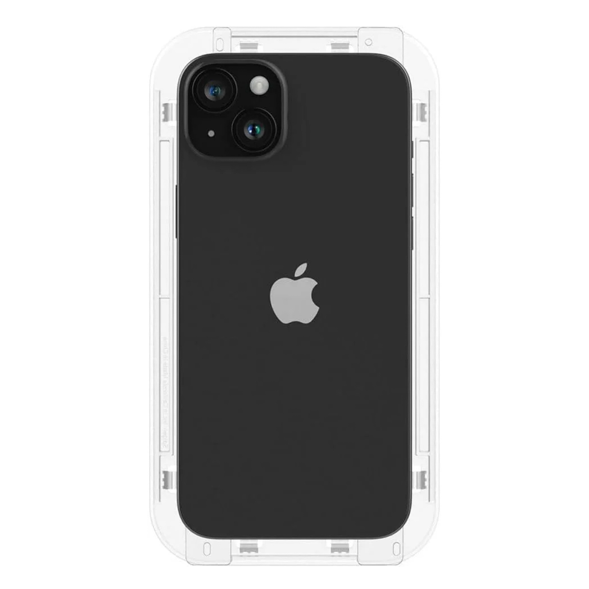 Zwarte iPhone 14 met een doorzichtige hoes. De telefoon heeft twee cameralenzen en het Apple-logo. De hoes heeft een wit frame.