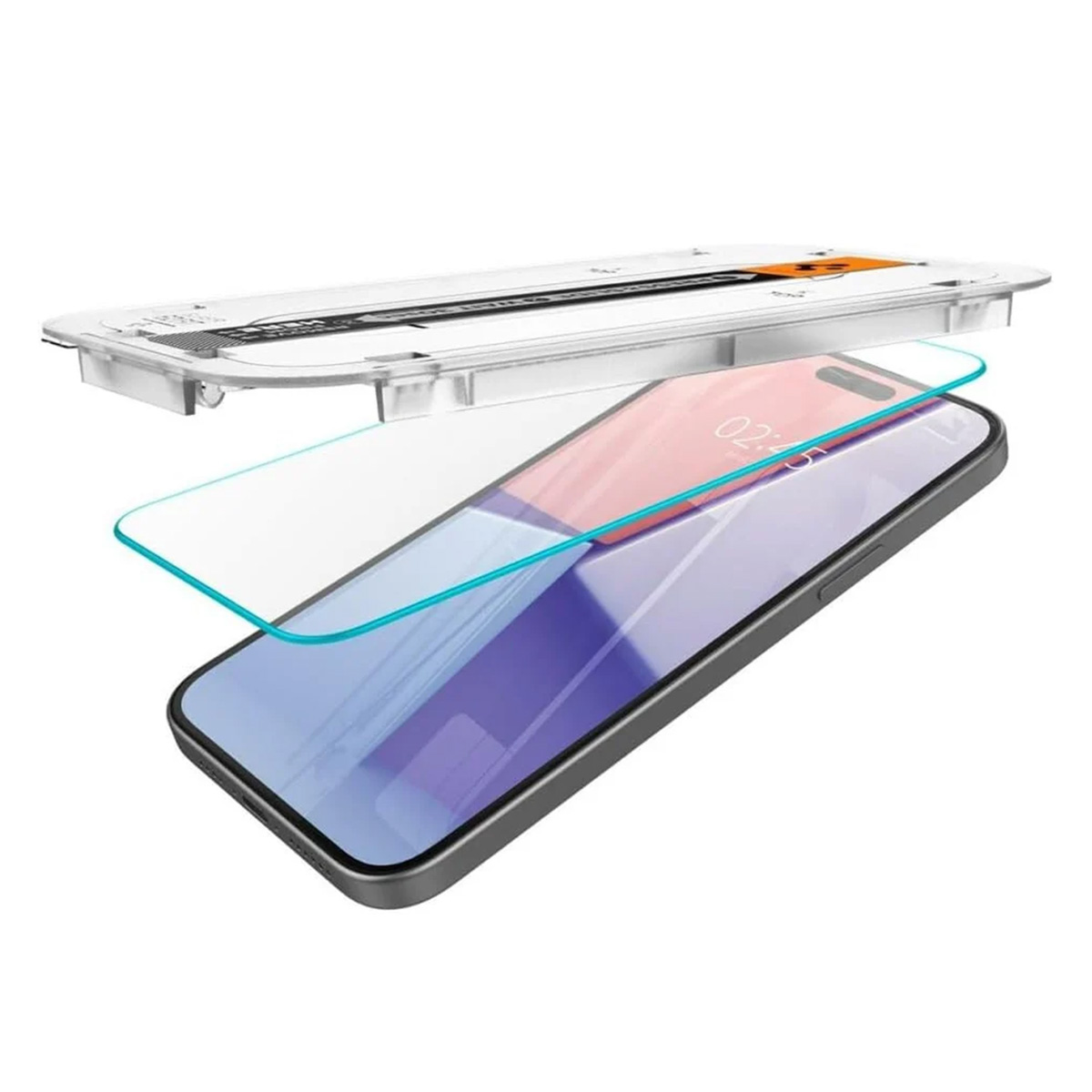 Een telefoon met een applicatiekit voor een schermbeschermer. De telefoon is zwart. De kit is wit en transparant. De beschermer is helder.