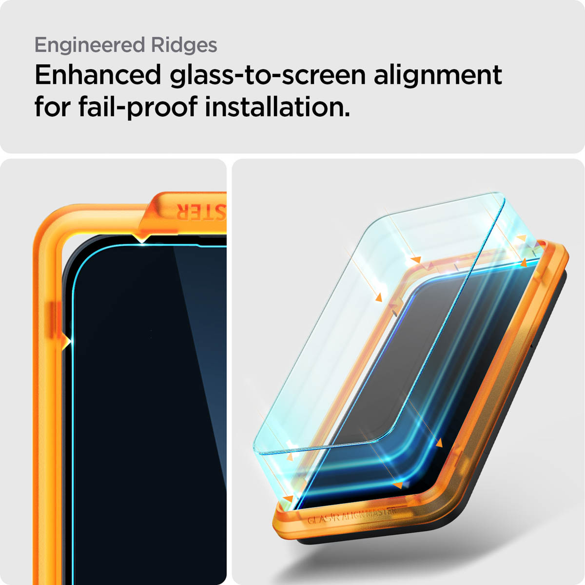 Viene mostrato un protettore schermo e una cornice arancione, con testo sull'allineamento e installazione a prova di errore.