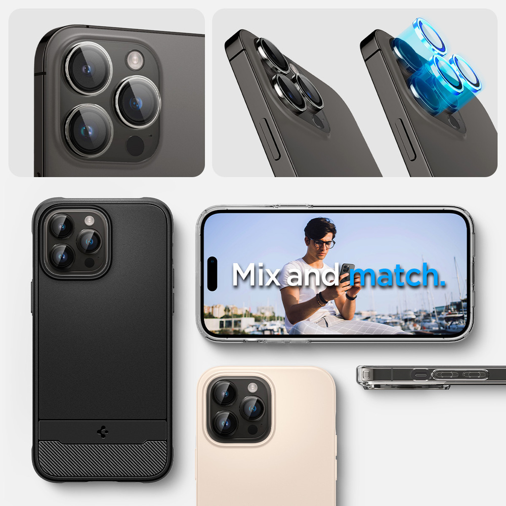 Wyświetlane są różne etui i obiektywy do iPhone'a. Obraz zawiera zbliżenia aparatu telefonu i osoby na ekranie.