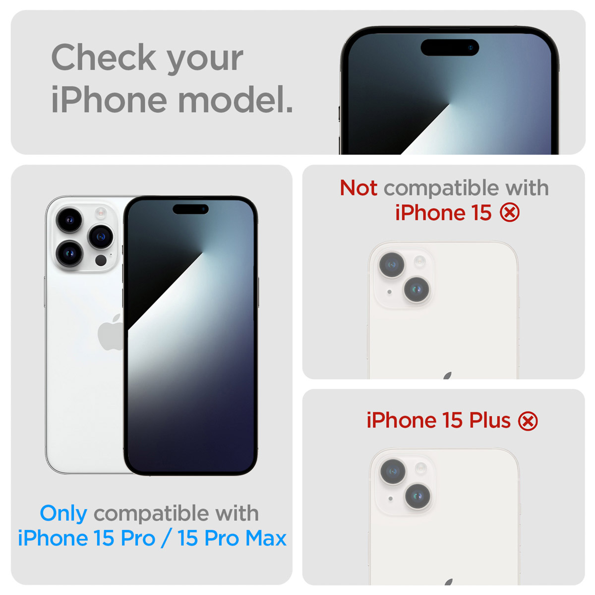 Obraz pokazuje modele iPhone'a z informacjami o kompatybilności. Podkreśla kompatybilność z iPhone 15 Pro/Pro Max, a nie z iPhone 15 lub 15 Plus.
