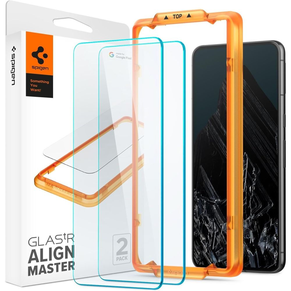 Een schermbeschermerset met een gebroken telefoonscherm. De set bevat een oranje frame, glasschermen en verpakking.