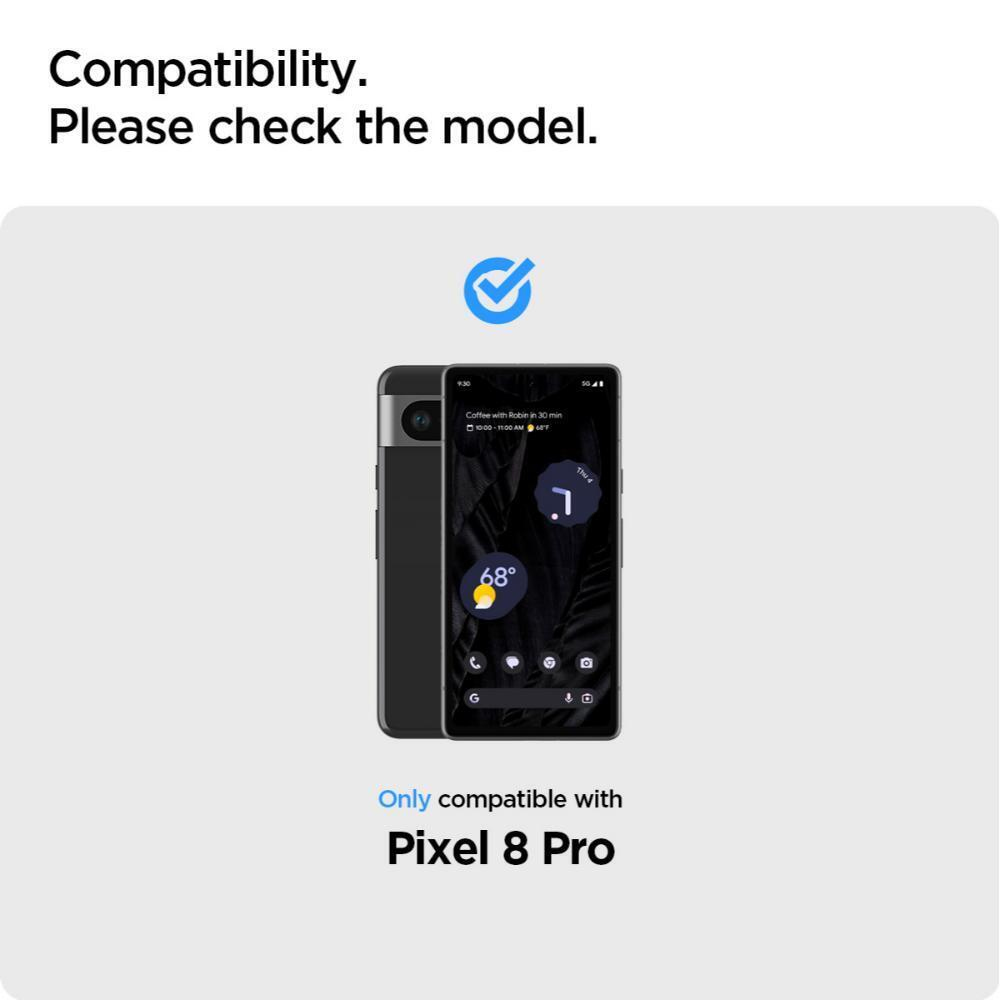 Afbeelding toont een zwarte Pixel 8 Pro telefoon. Tekst luidt 'Alleen compatibel met Pixel 8 Pro'. Een vinkje en een weerwidget zijn zichtbaar.