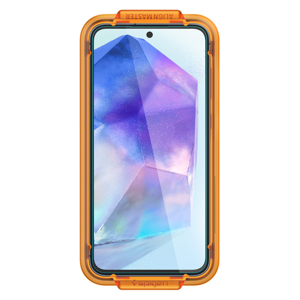 Un telefono in una custodia arancione. Lo schermo mostra una forma a gemma con sfumature viola e blu. Sulla custodia c'è scritto 'ALIGN MASTER' e 'spigen'.
