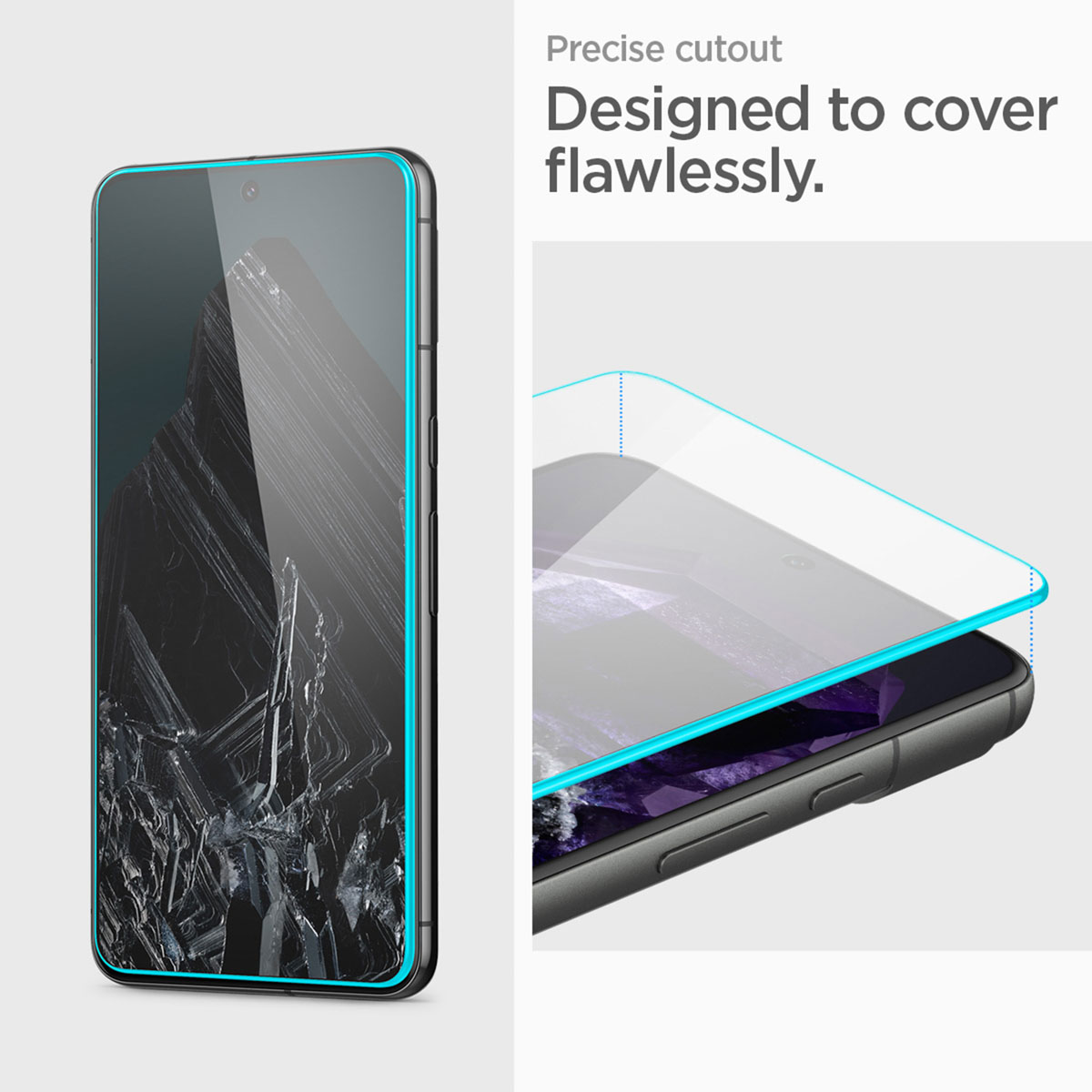 Een smartphone met een schermbeschermer wordt getoond. De beschermer heeft een blauwe rand en bedekt het scherm perfect. Tekst: 'Nauwkeurige uitsparing'.