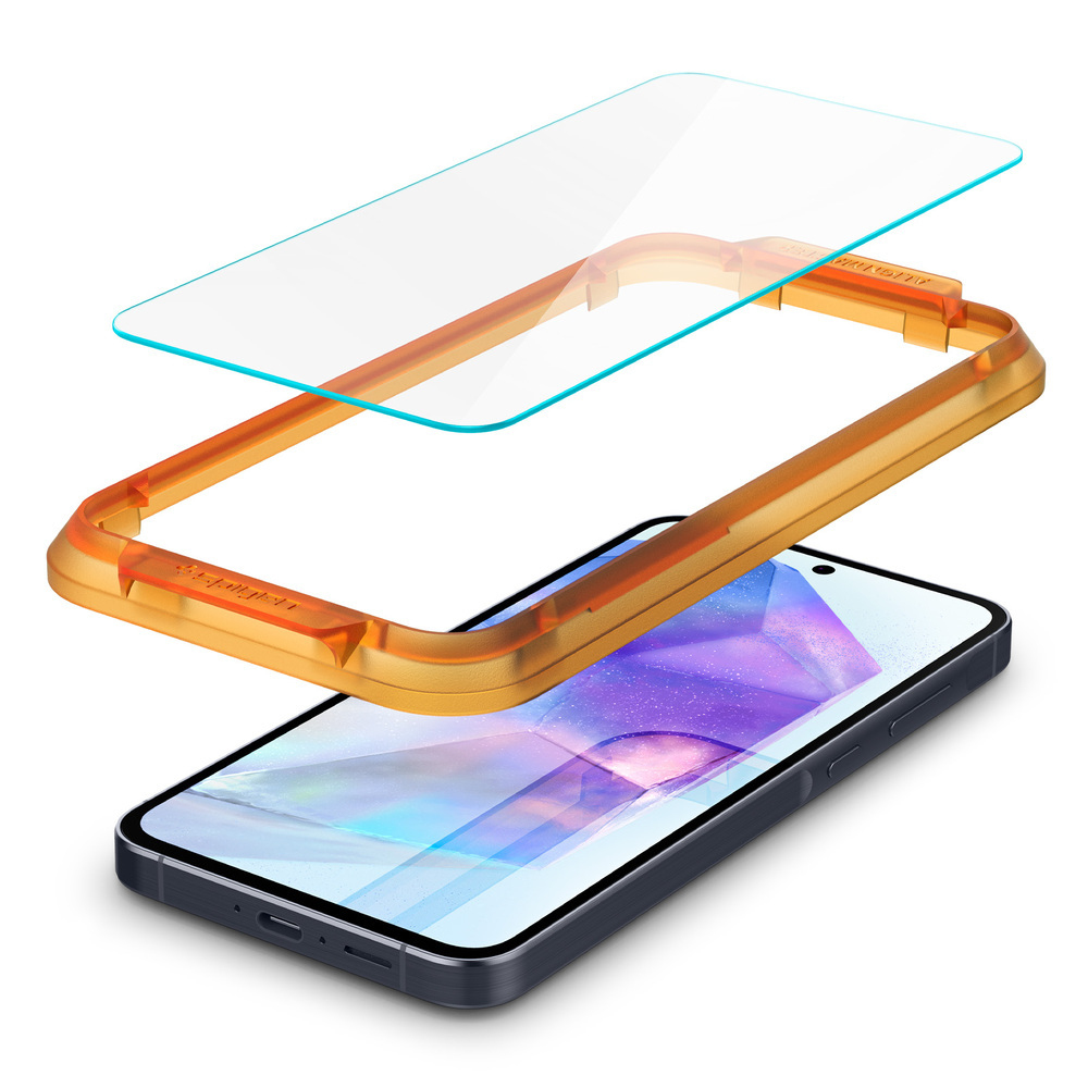 Uno smartphone con protezione schermo e cornice dorata. Il telefono è nero, la cornice arancione e la protezione trasparente.