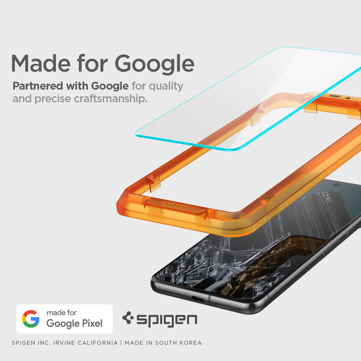 Een telefoon met een gebarsten scherm wordt getoond met een beschermhoes en schermbeschermer, met 'Made for Google' branding.
