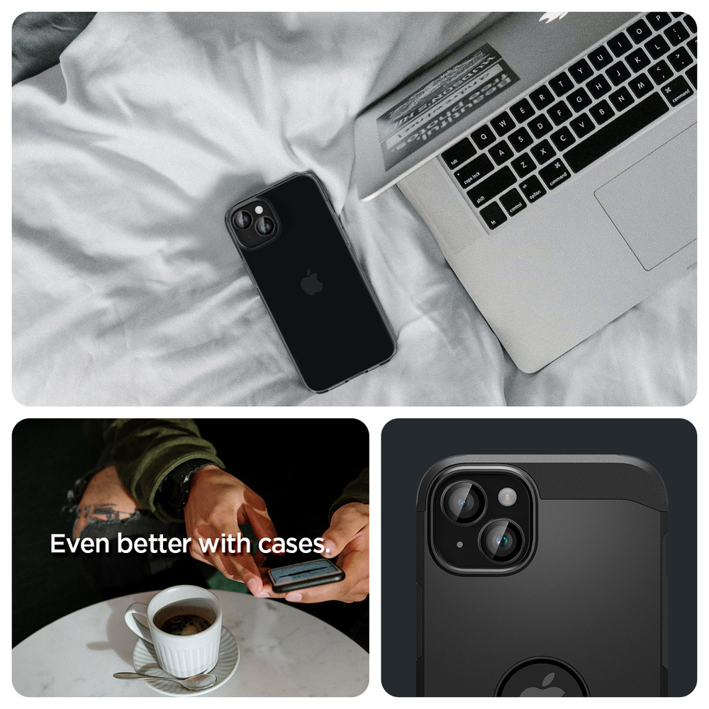 Czarny iPhone w etui i laptop na białym prześcieradle. Kawa i ręce trzymające telefon. Zbliżenie na etui iPhone'a.