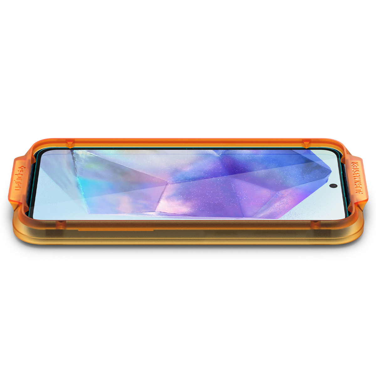 Uno smartphone con protezione schermo, all'interno di una custodia arancione, su sfondo bianco. Lo schermo mostra un design colorato.
