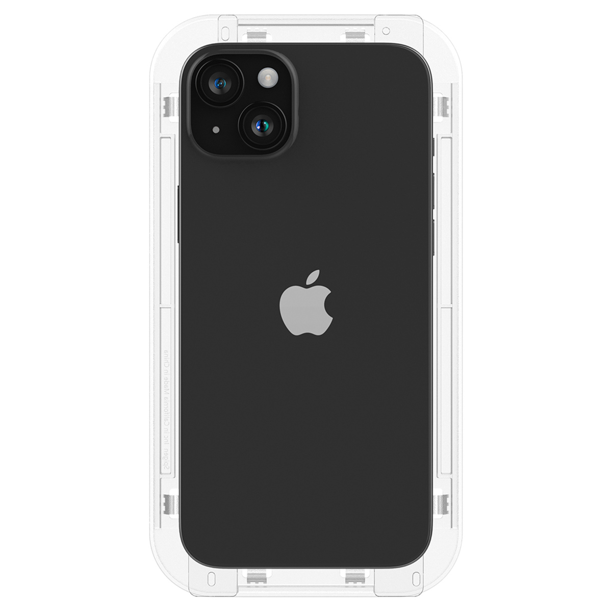 Czarny iPhone z logo Apple w białym etui ochronnym. Etui ma prostokątny kształt z przezroczystą obwódką.