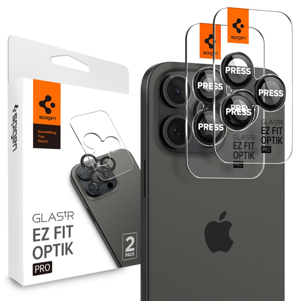 Un kit de protection d'écran Spigen. La boîte et le protecteur sont présentés avec un iPhone. Le protecteur a des étiquettes PRESS.