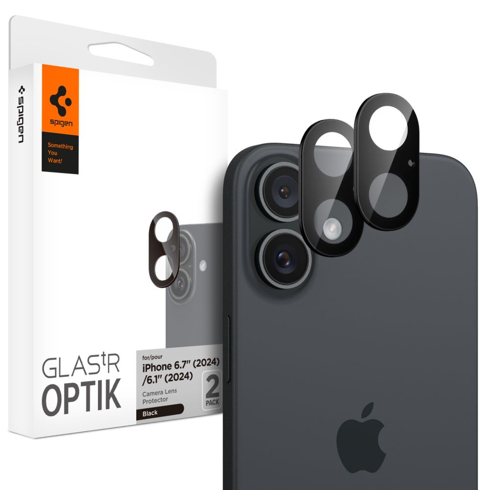 Czarny iPhone z osłonami obiektywu aparatu obok pudełka produktu Spigen. Na pudełku widnieje napis 'GLASTR OPTIK'.