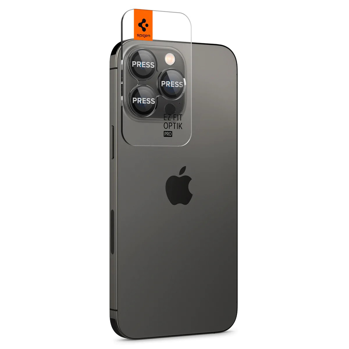 Un iPhone avec un protecteur d'écran. Le protecteur porte le mot "PRESS". Le téléphone est gris foncé et a un logo Apple.
