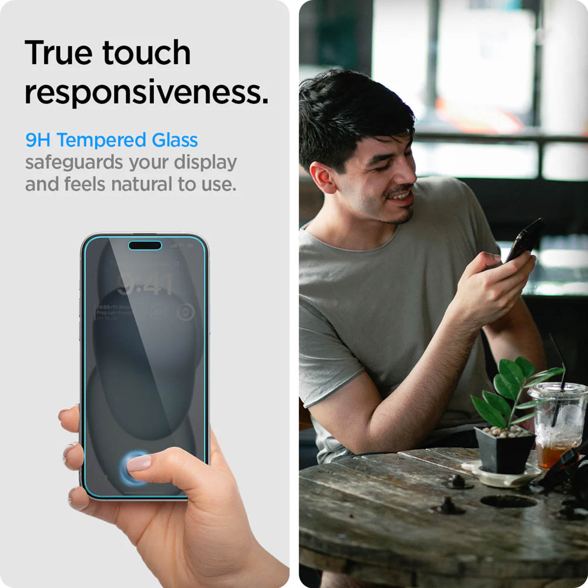 Una persona tiene in mano un telefono con protezione schermo. A destra, un'altra persona guarda un telefono. Una piccola pianta e una bevanda sono sul tavolo.