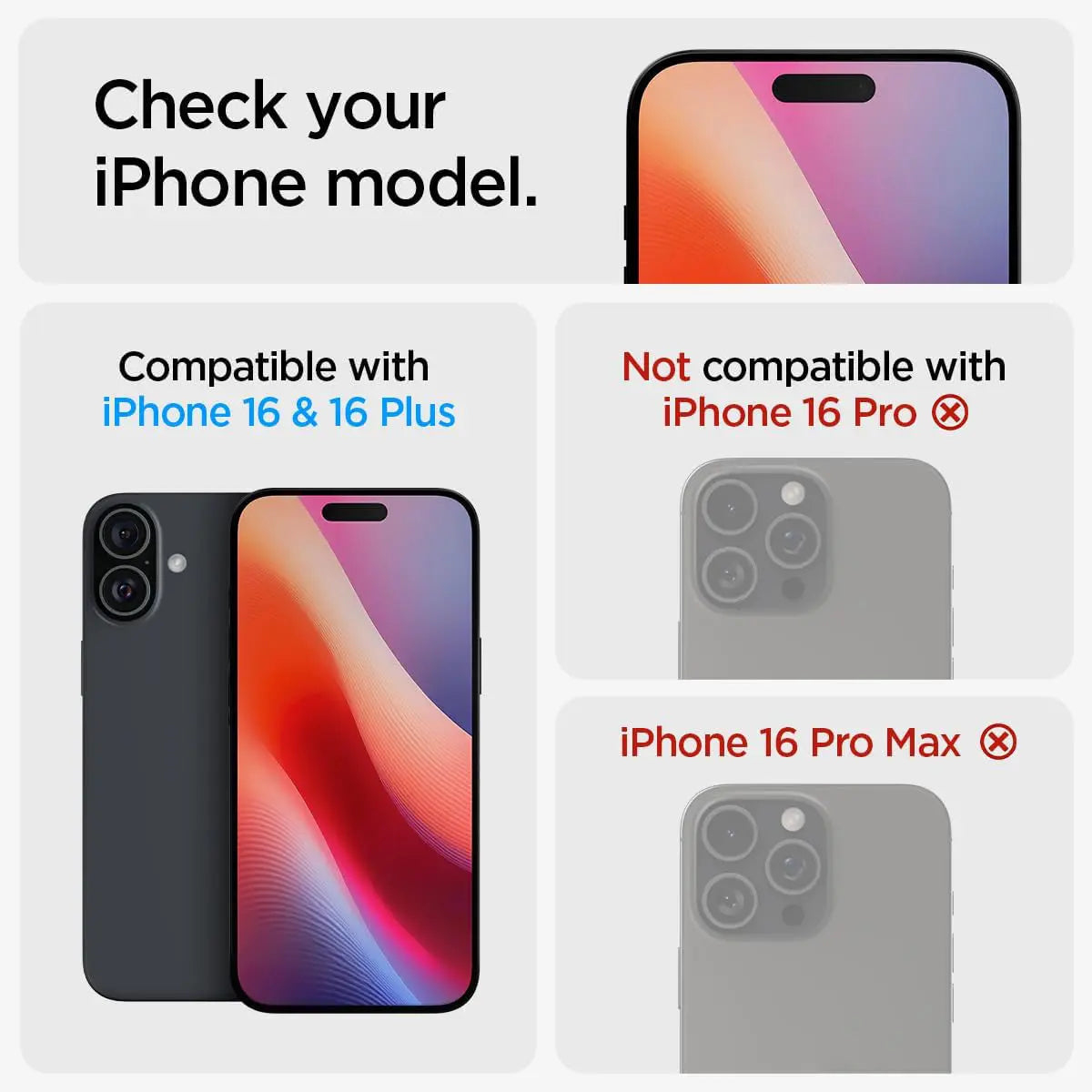 Obrazek przedstawia modele iPhone'a. Tekst mówi, że kompatybilny z iPhone 16 & 16 Plus. Niekompatybilny z iPhone 16 Pro/Pro Max.