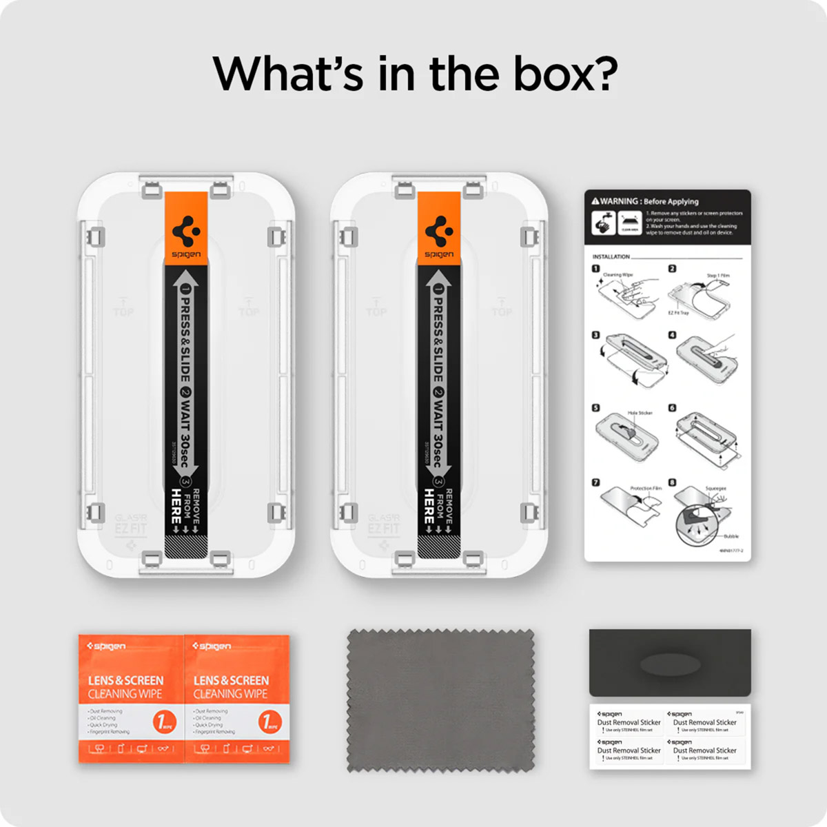 Contenuto della confezione: protezioni schermo, salviette, adesivi per la rimozione della polvere e guida all'installazione. Sfondo bianco.