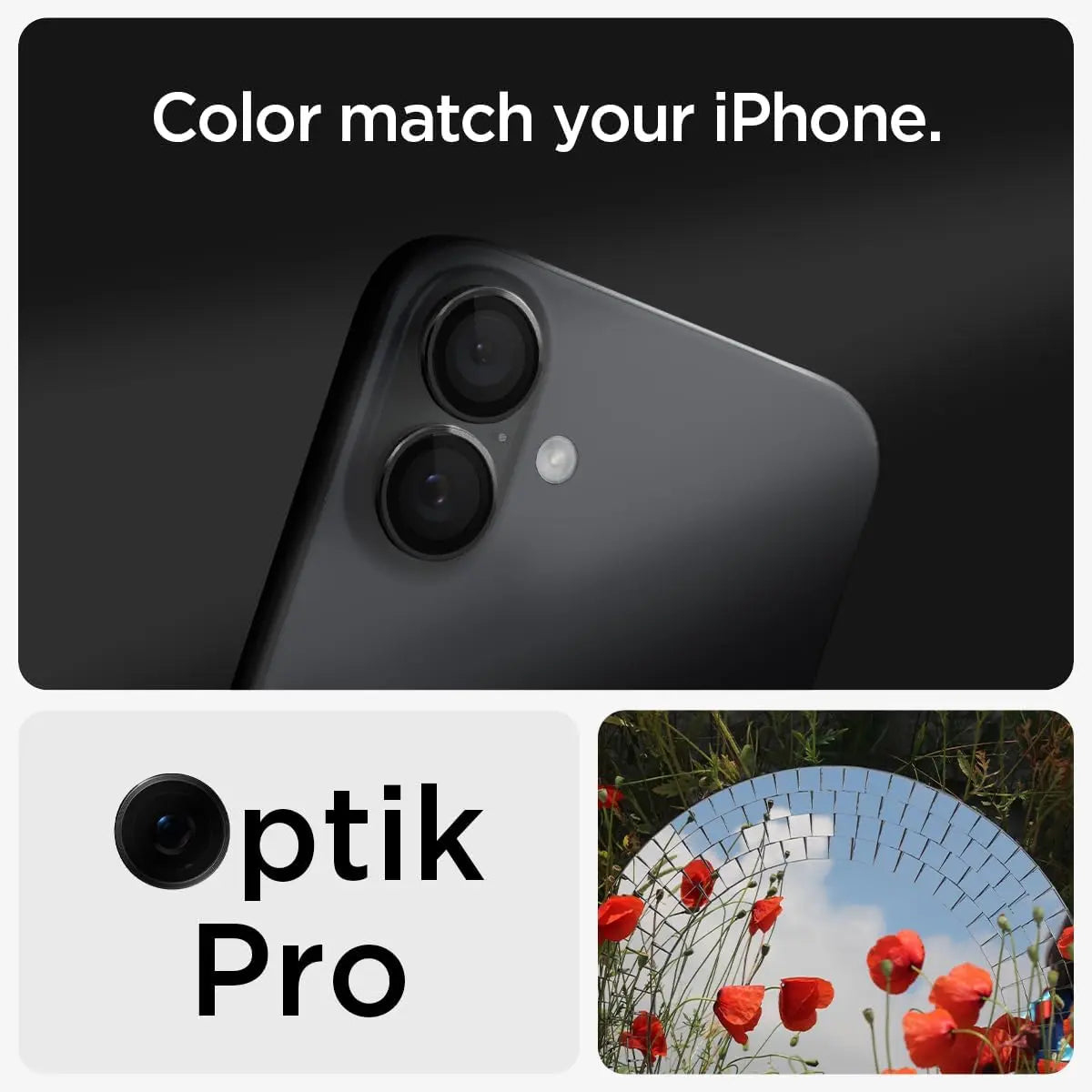 Aparat w smartfonie z napisem 'Optik Pro'. Jest lustro odbijające maki i niebo. Na górze napis 'Color match your iPhone'.