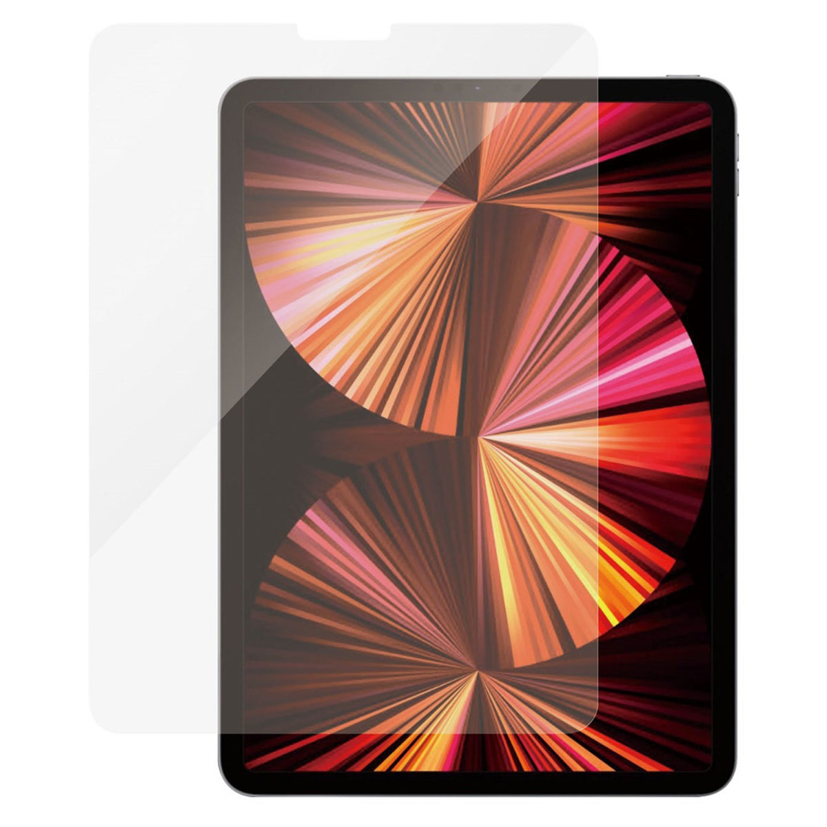 Tablet con protezione schermo. Lo schermo mostra un motivo radiale di linee arancioni, rosa e rosse. La protezione è trasparente, rettangolare.