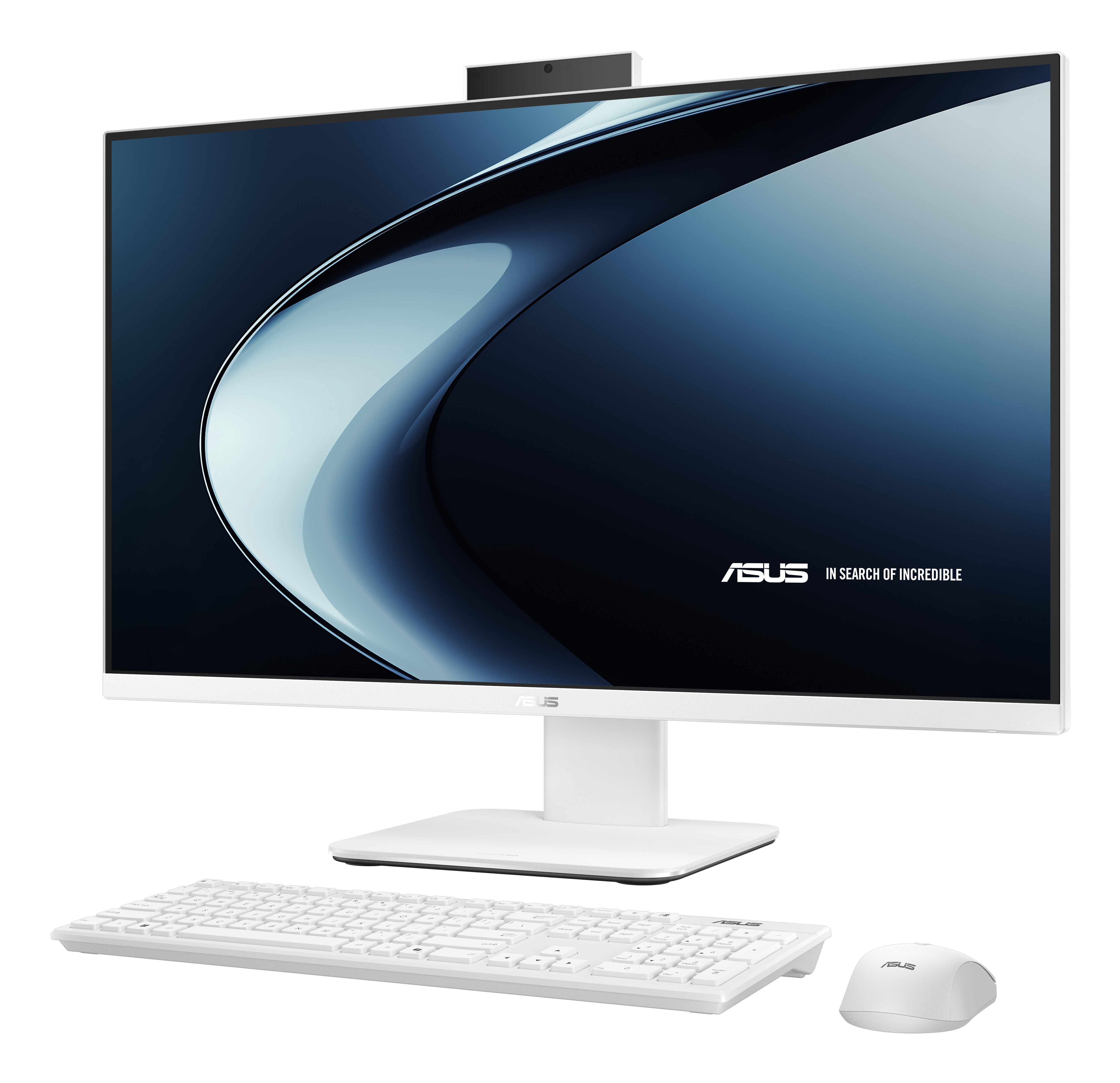 Biały komputer ASUS all-in-one z klawiaturą i myszą. Ekran wyświetla abstrakcyjny niebiesko-biały wzór.