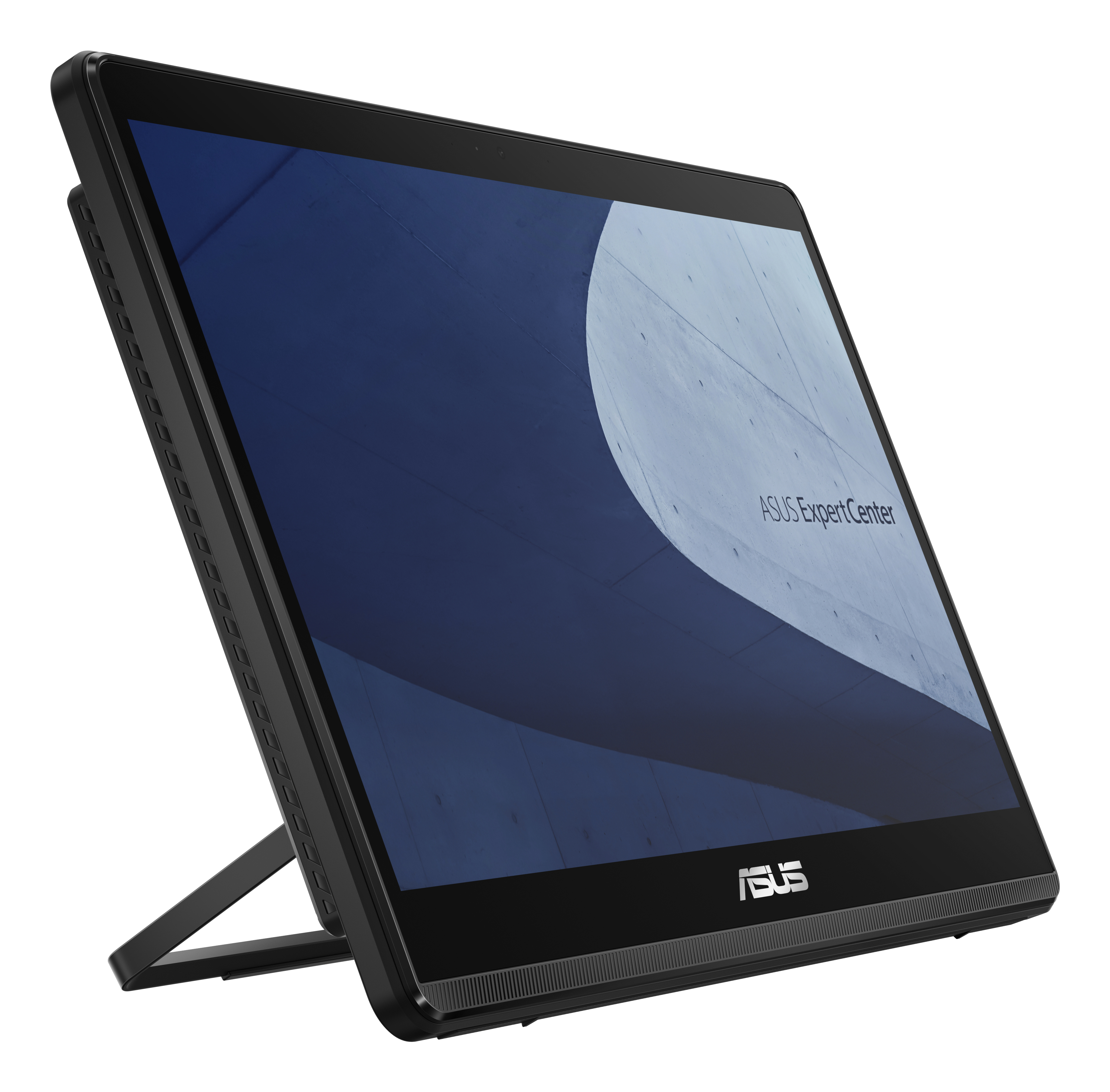 Siyah ASUS ExpertCenter hepsi bir arada bilgisayar. Ekran, mavi ve gri soyut bir tasarım gösteriyor. Bilgisayar beyaz bir arka plan üzerinde.