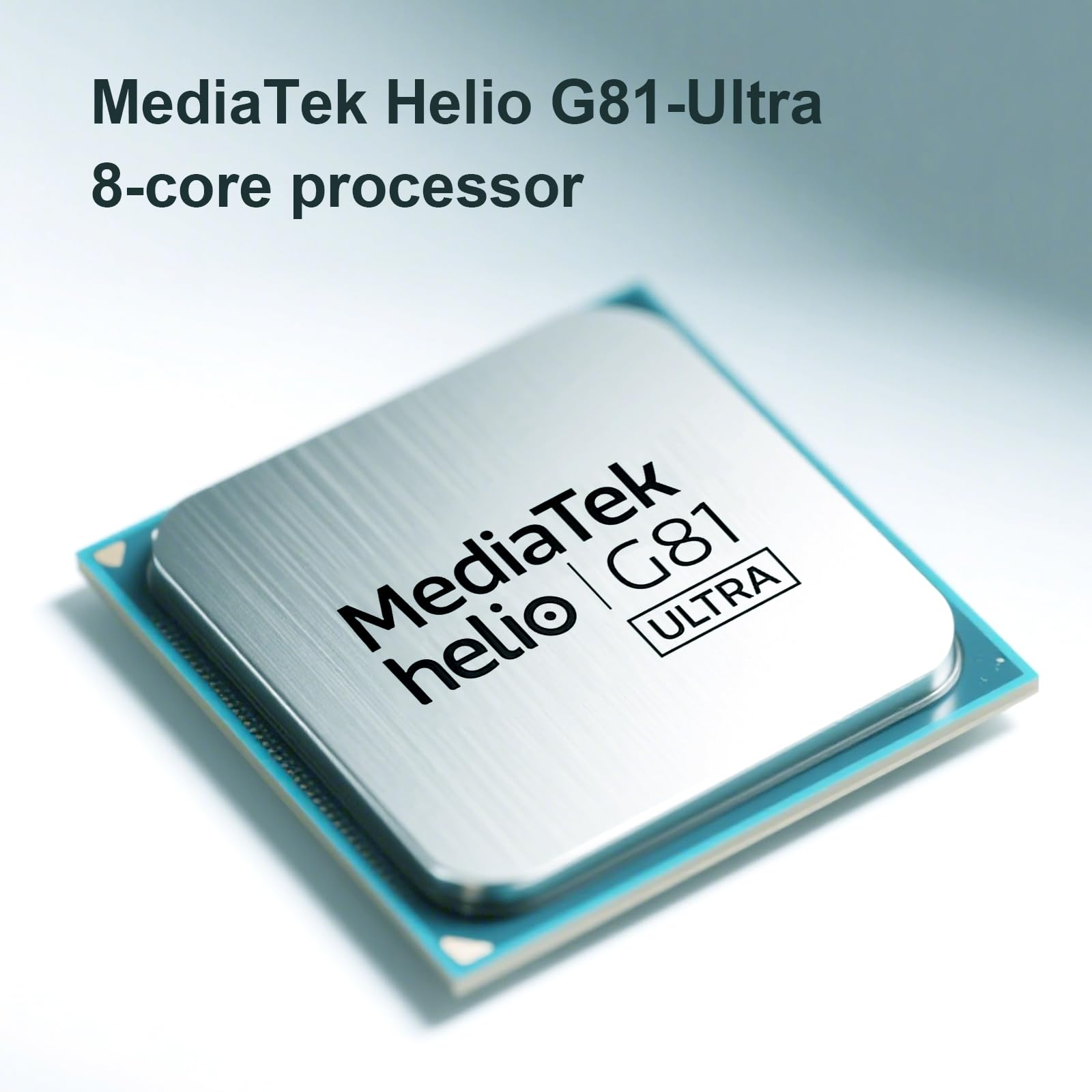 Nahaufnahme eines MediaTek Helio G81-Ultra-Prozessorchips. Der Text 'MediaTek Helio G81-Ultra 8-Kern-Prozessor' ist ebenfalls sichtbar.