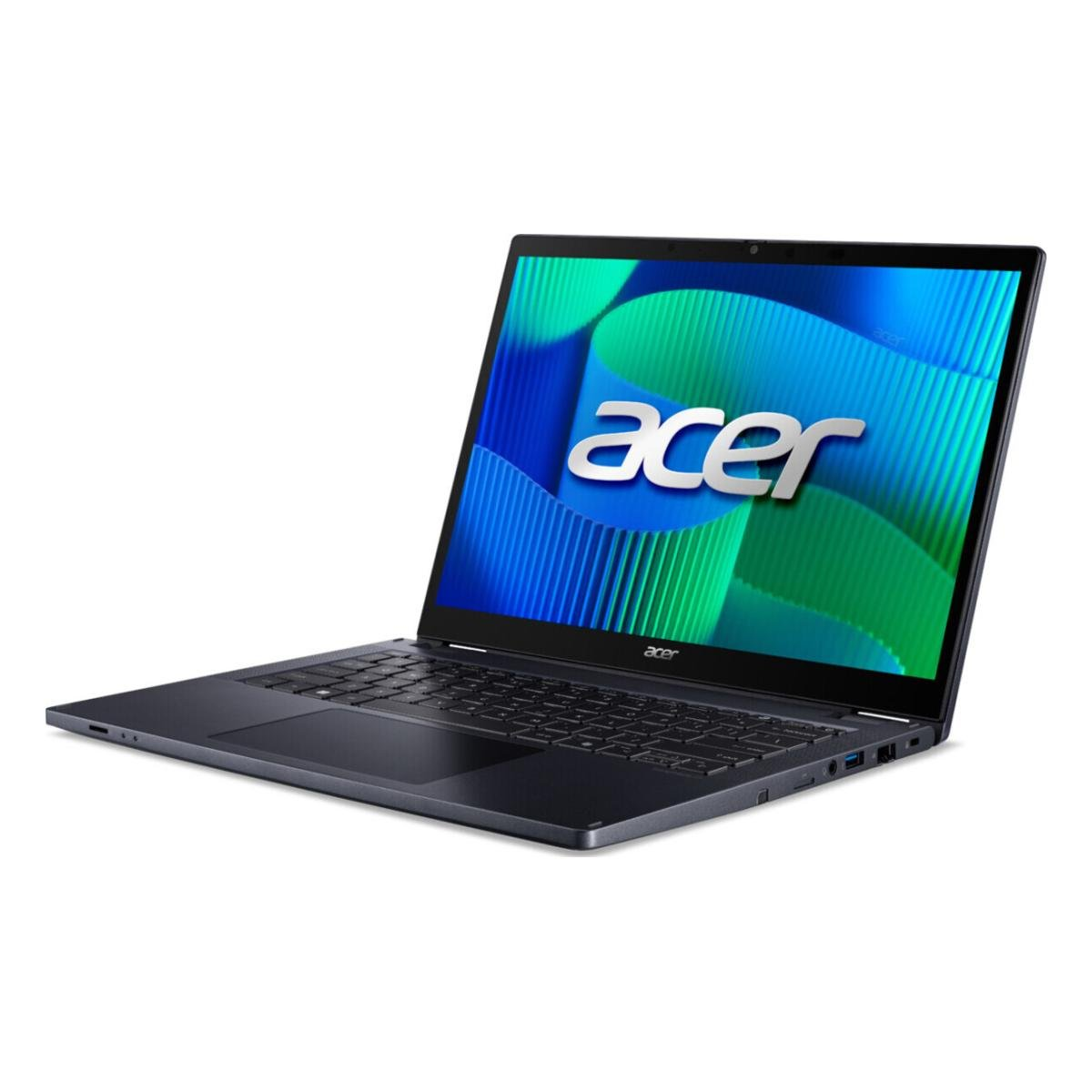 Ein schwarzer Acer-Laptop ist geöffnet und zeigt ein Bildschirm mit dem Acer-Logo. Der Hintergrund ist weiß.