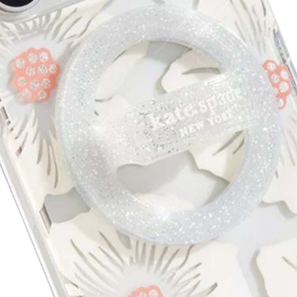 Custodia trasparente per telefono con design floreale. Impugnatura ad anello glitterata con testo 'kate spade NEW YORK'. Accenti floreali rosa.
