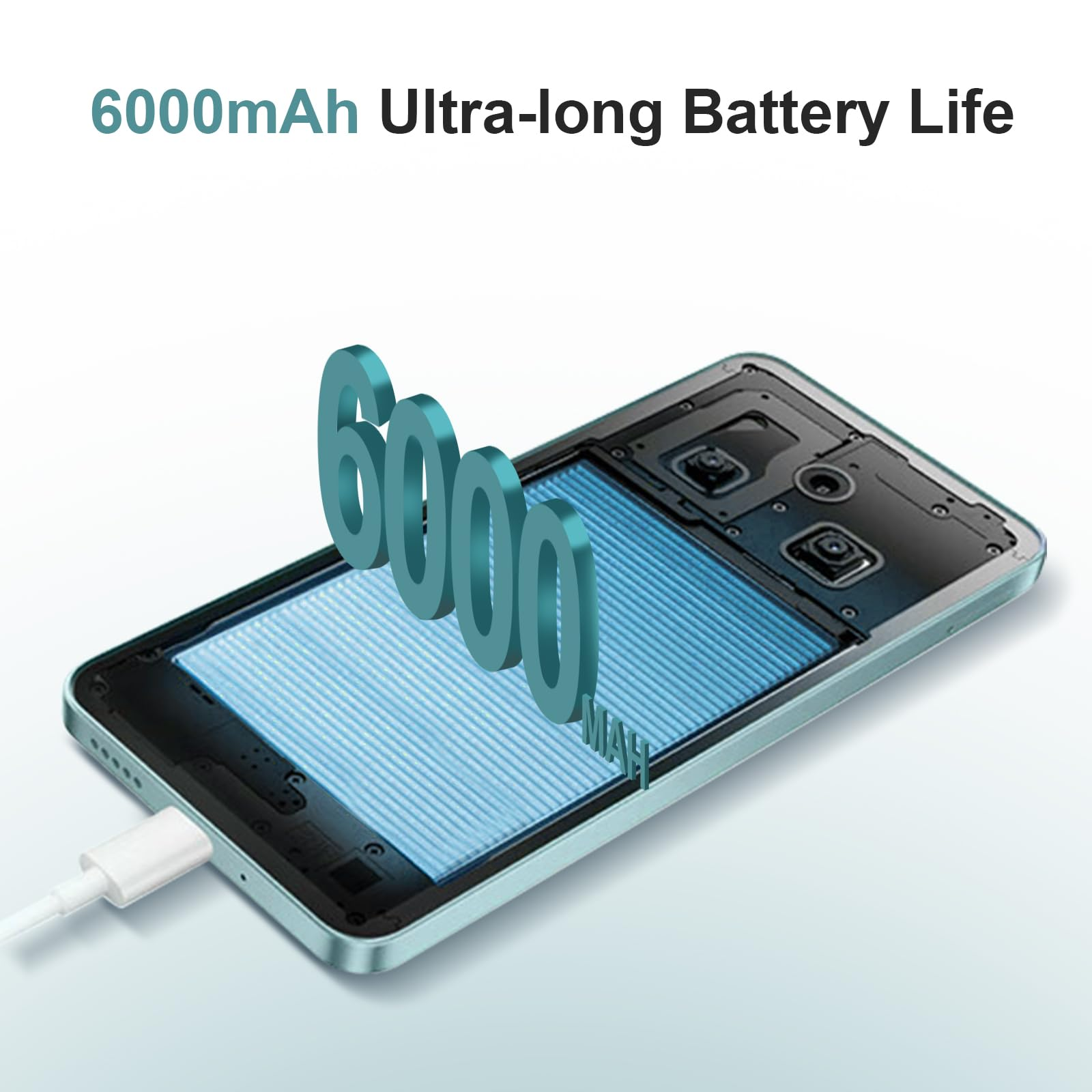 Bild zeigt interne Komponenten eines Telefons mit Textüberlagerung 6000mAh Akkulaufzeit. Ein Ladegerät ist angeschlossen.
