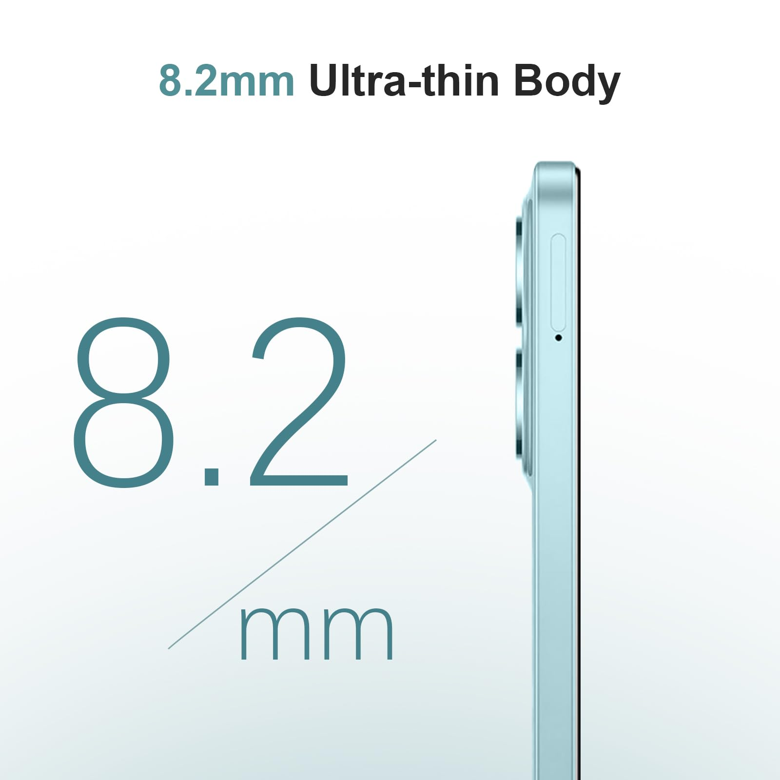 Das Bild zeigt ein Smartphone mit einem ultradünnen Gehäuse. Der Text hebt die Dicke von 8,2 mm hervor. Telefon ist hellblau.